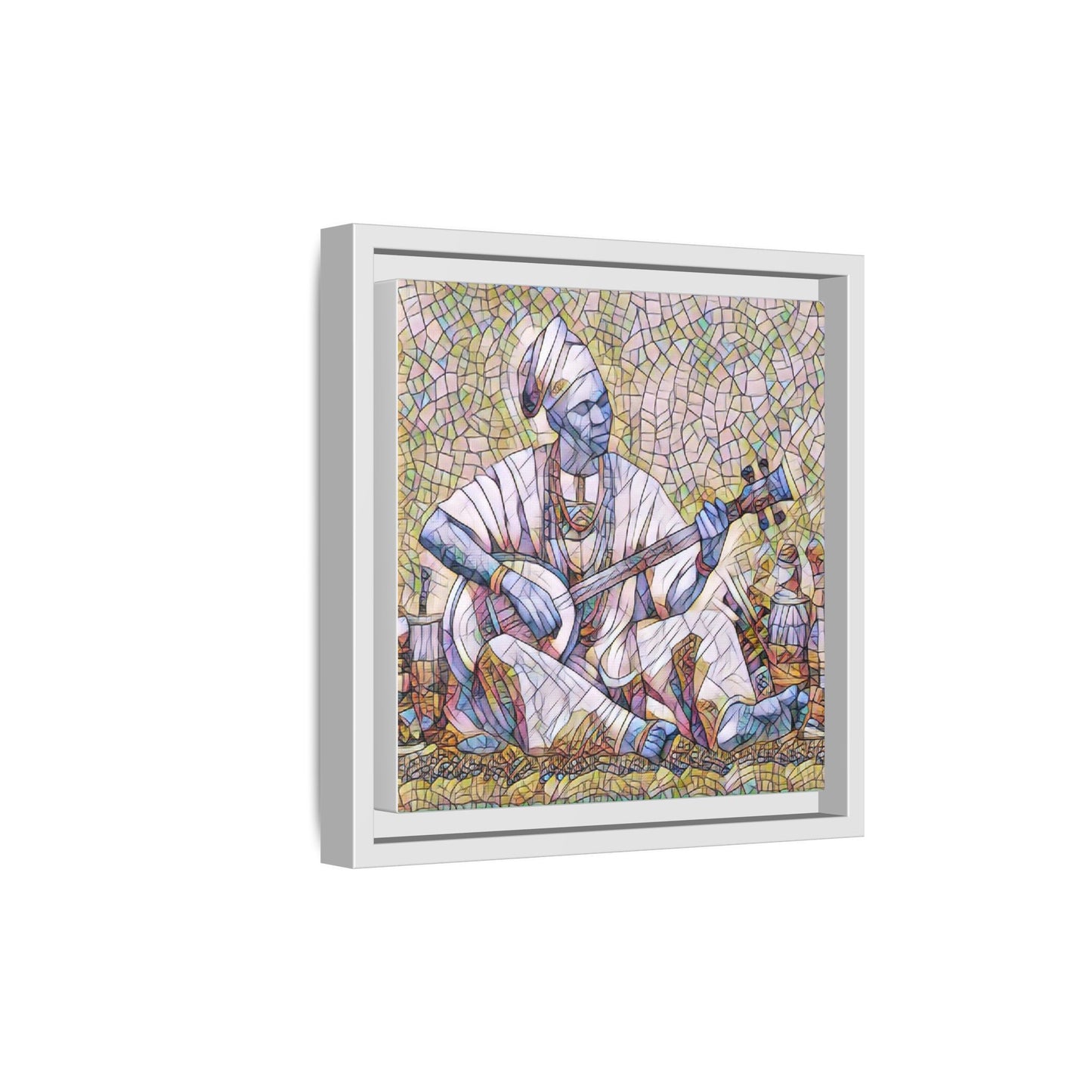 Framed Mosaic Musician Canvas Art — African Griot with Kora