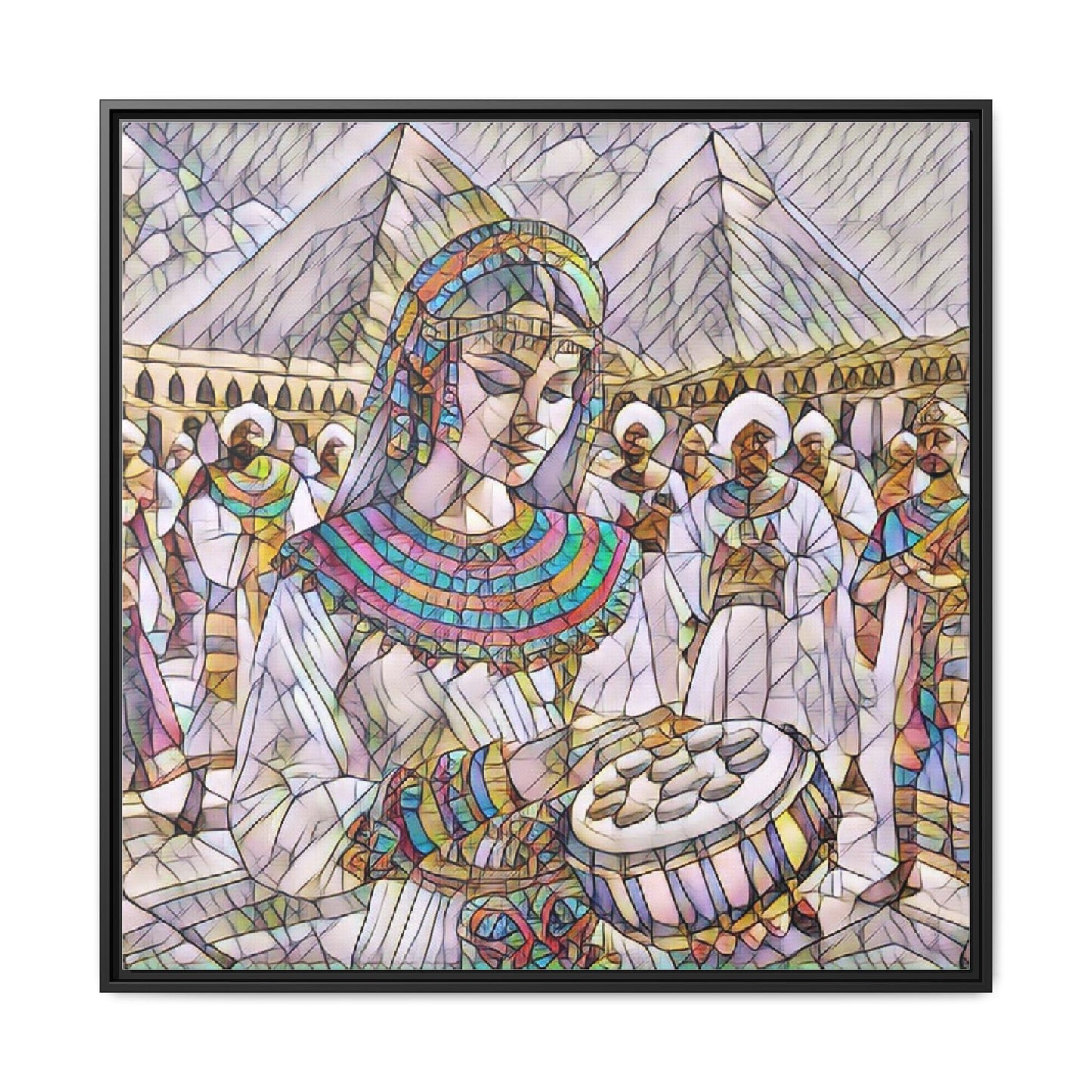 Egyptian Drum Player Framed Canvas Art — Colorful Ancient Scene Wall Decor
