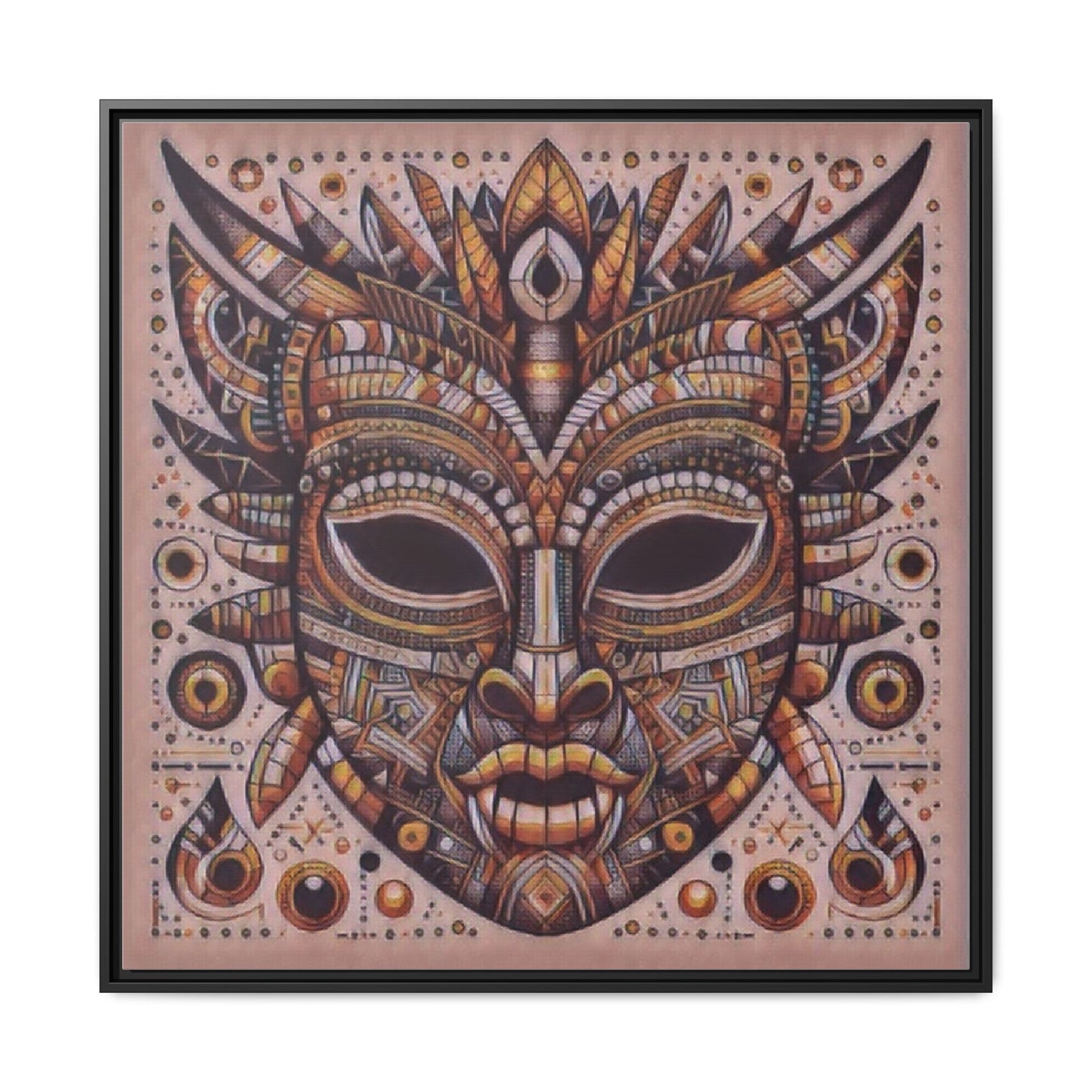 Tribal Mask Framed Canvas Art — Multicolor Matte Wall Decor