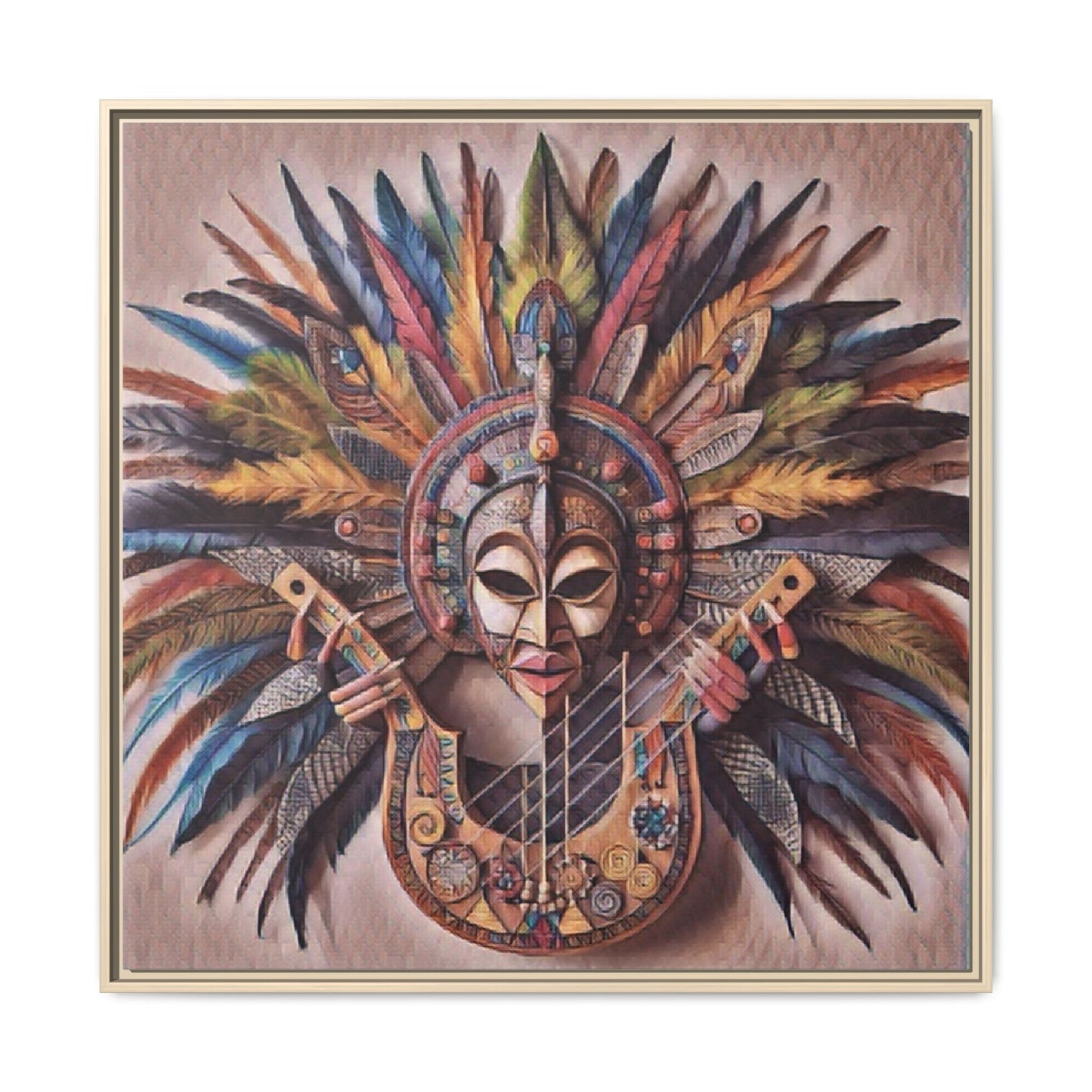 Tribal Feather Mask Guitar Framed Canvas Art — Colorful Boho Wall Decor