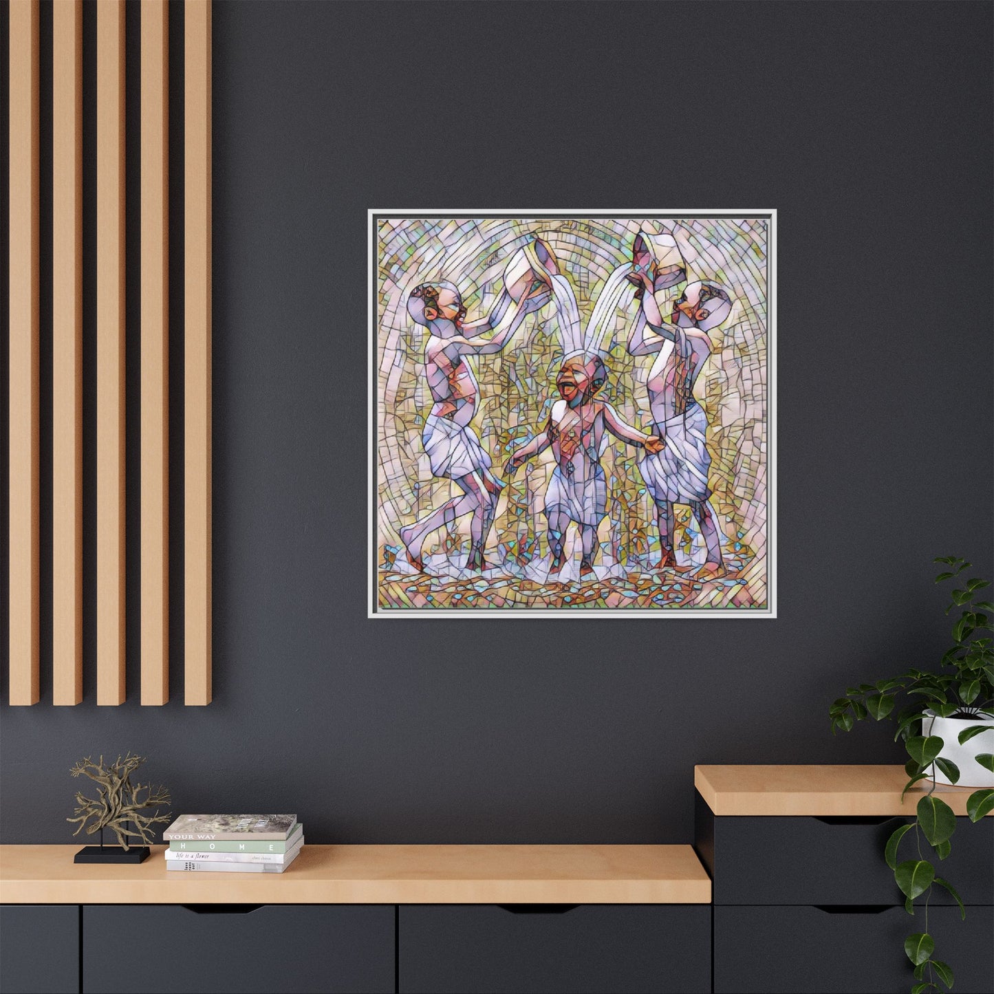 Framed Matte Canvas Art – Joyful Water Dance Family Stained-Glass Print