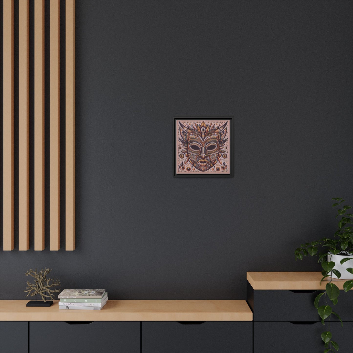 Tribal Mask Framed Canvas Art — Multicolor Matte Wall Decor
