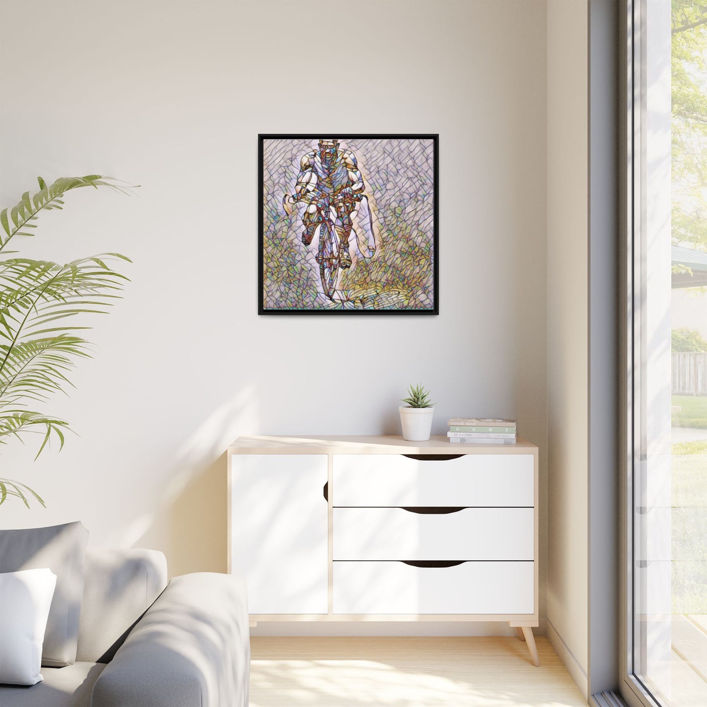 Cyclist Art Print — Framed Matte Canvas Wall Art (Multicolor Stained-Glass Style)