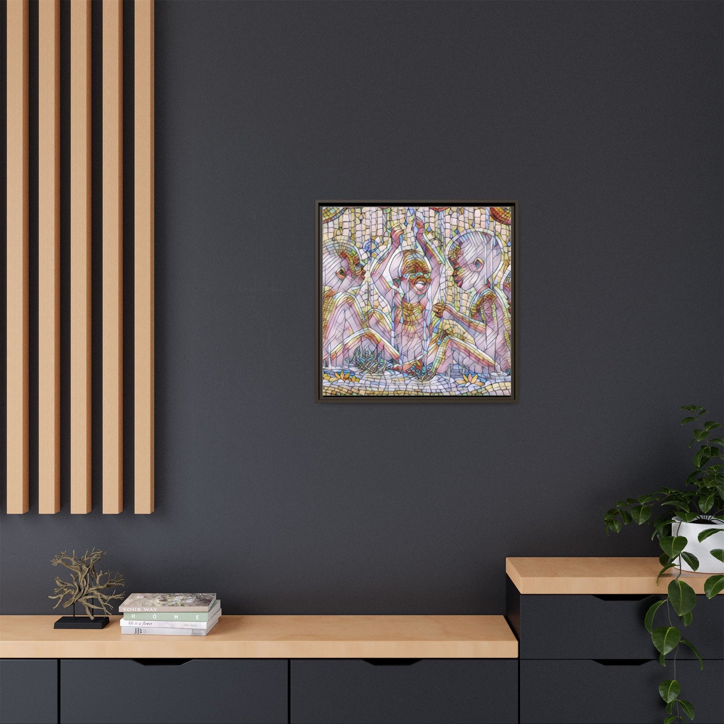Framed Matte Canvas Art — Mosaic Children Playing (Multicolor)