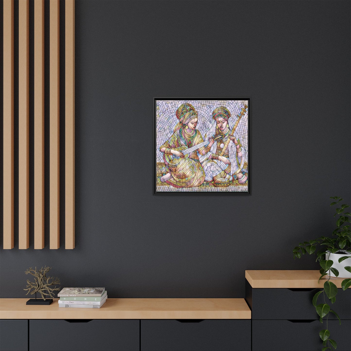 Framed Mosaic Art Print — Two Women Playing Lutes (Matte Canvas)