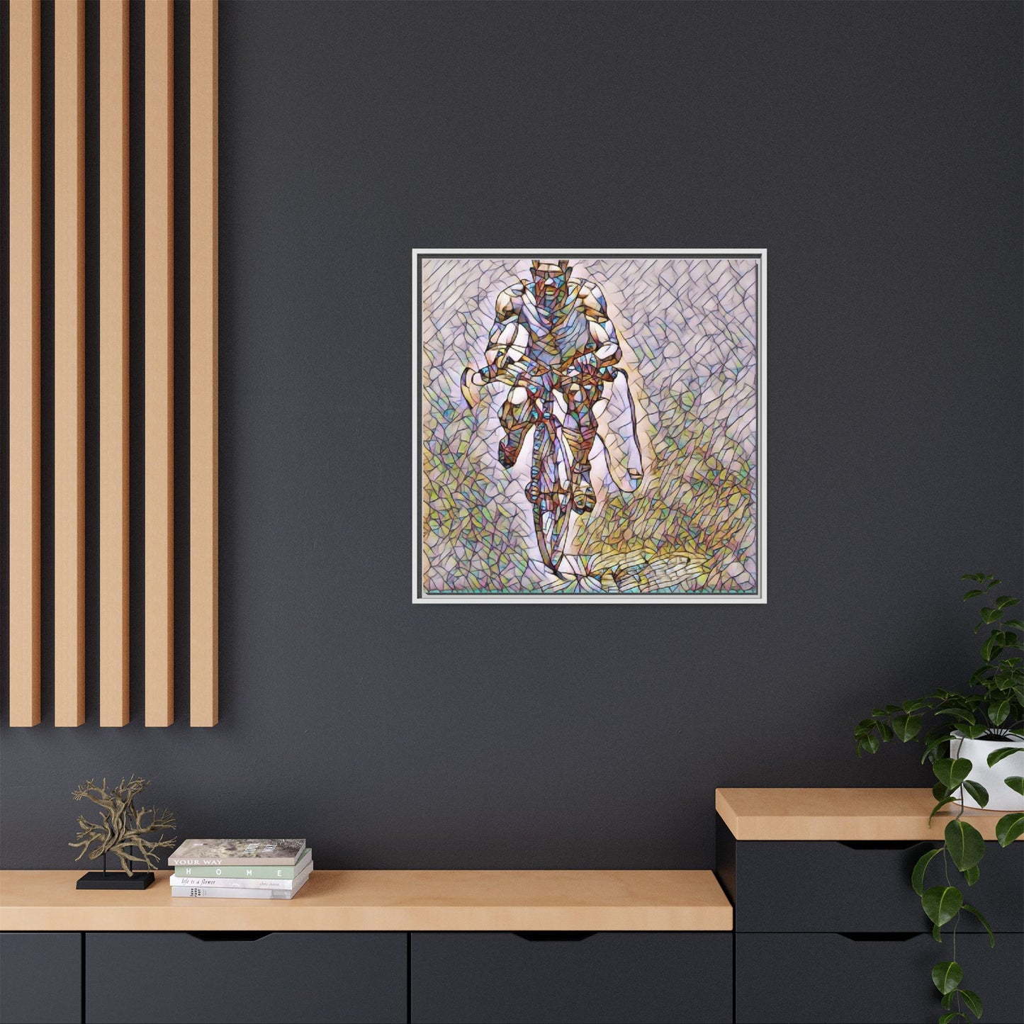 Cyclist Art Print — Framed Matte Canvas Wall Art (Multicolor Stained-Glass Style)