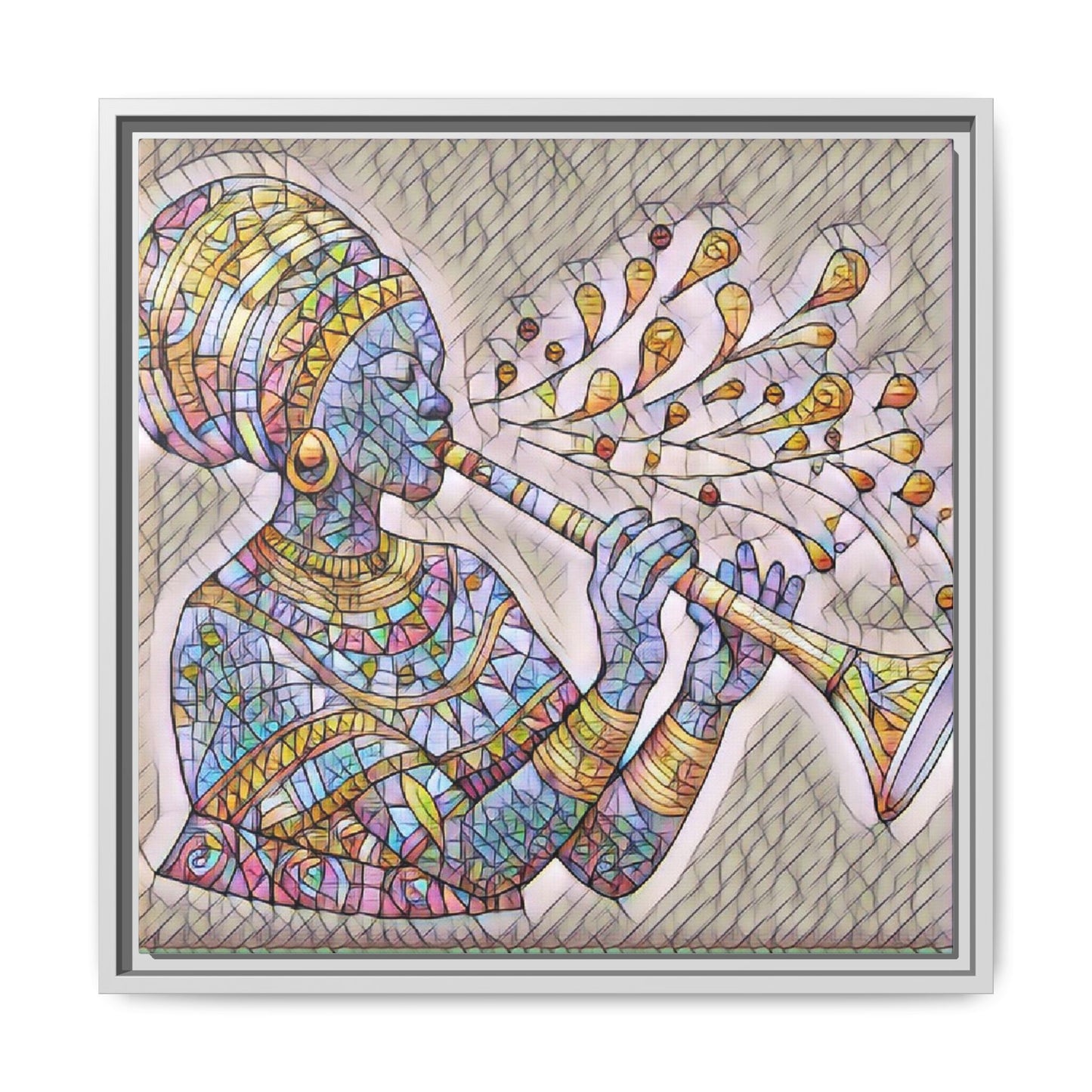 Framed Matte Canvas Art – Colorful African Musician Trumpet Print