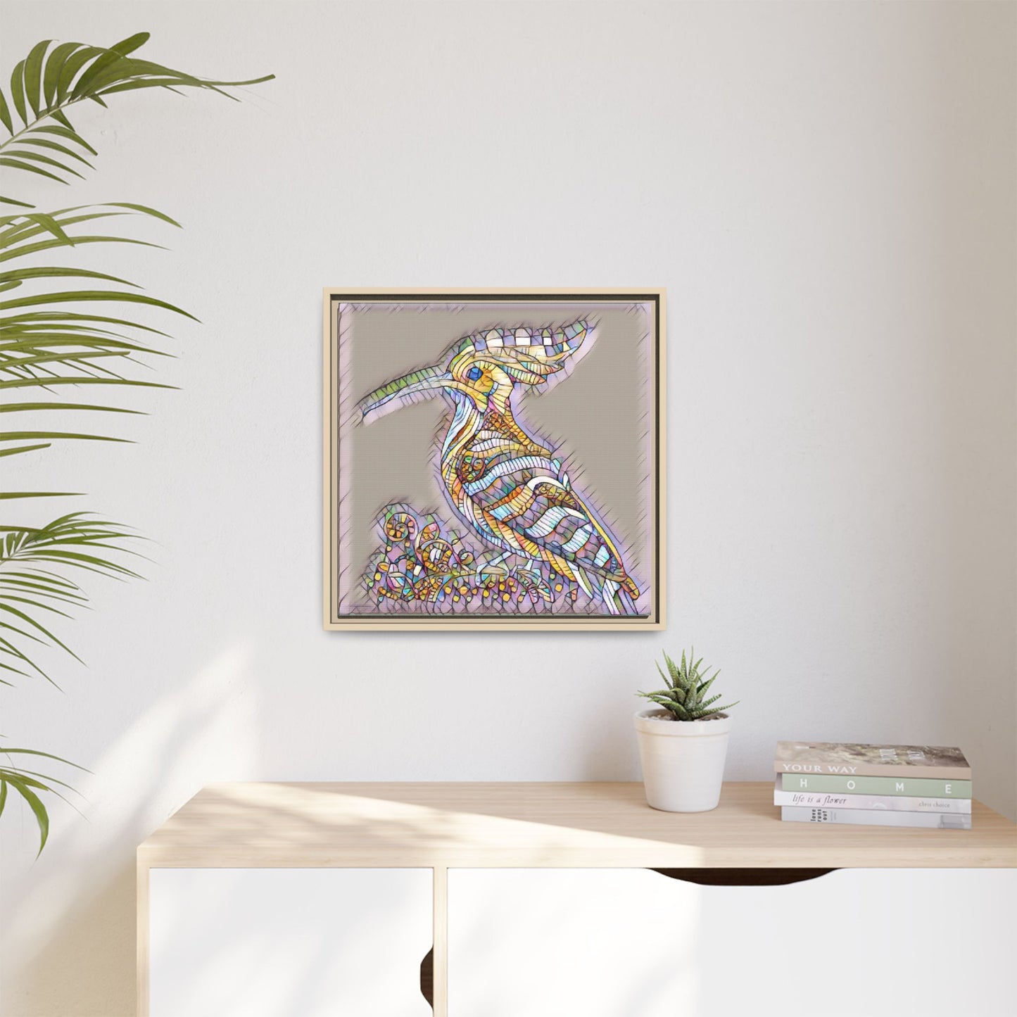 Colorful Mosaic Bird Framed Canvas Art — Whimsical Hoopoe Wall Decor