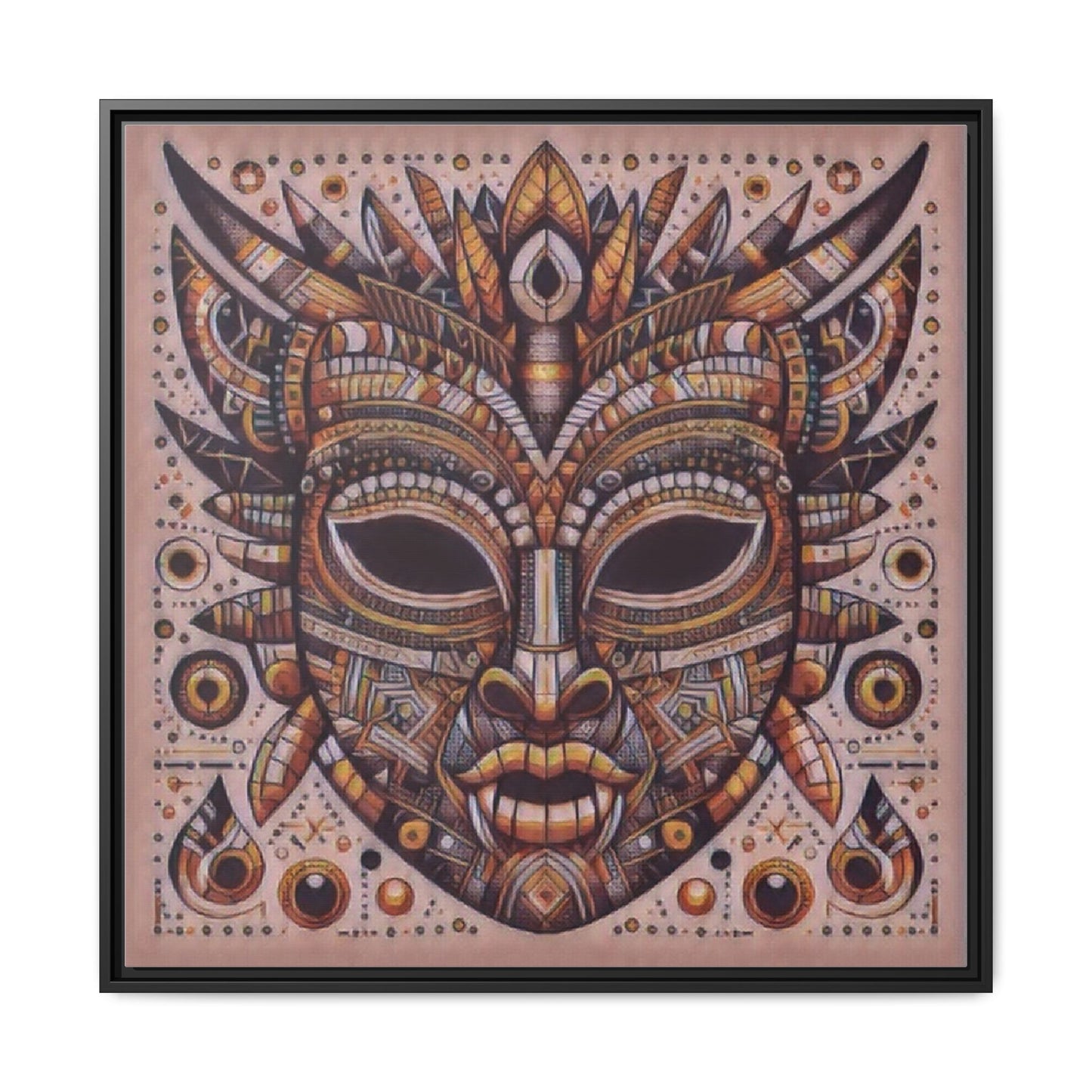 Tribal Mask Framed Canvas Art — Multicolor Matte Wall Decor