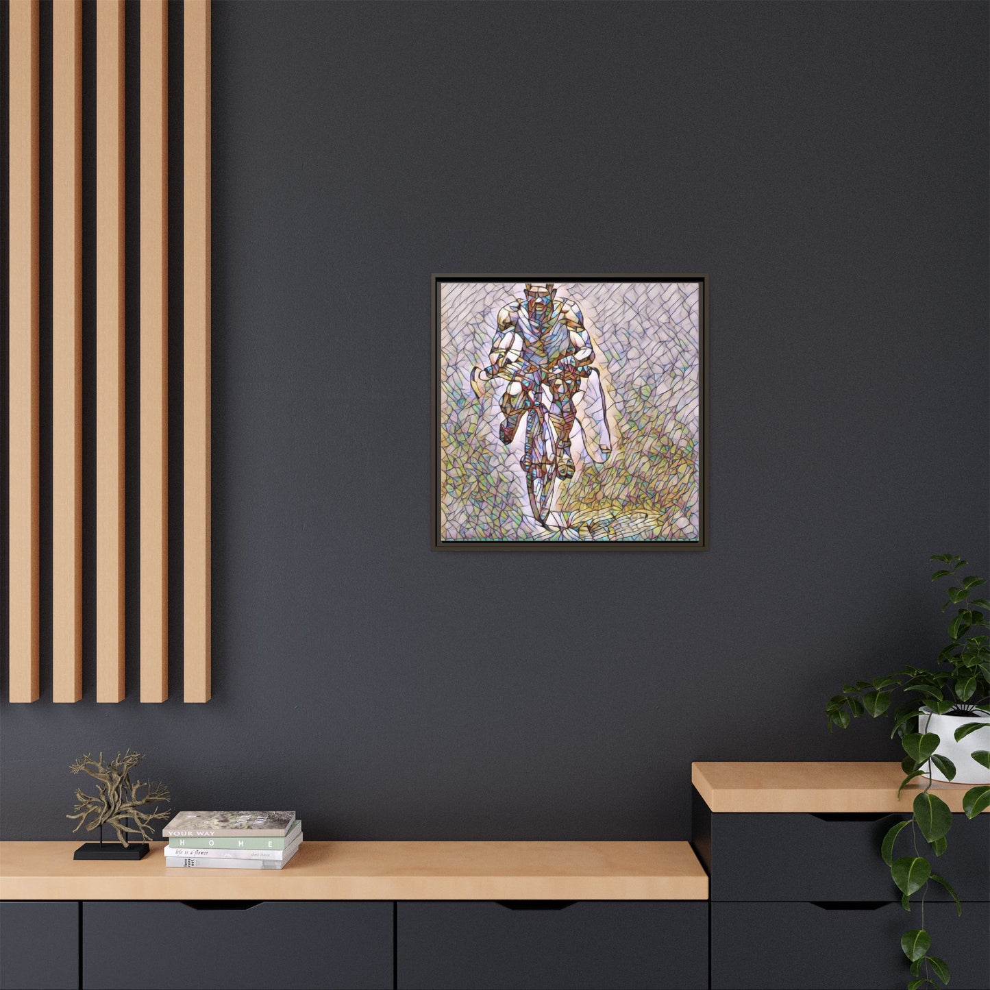 Cyclist Art Print — Framed Matte Canvas Wall Art (Multicolor Stained-Glass Style)
