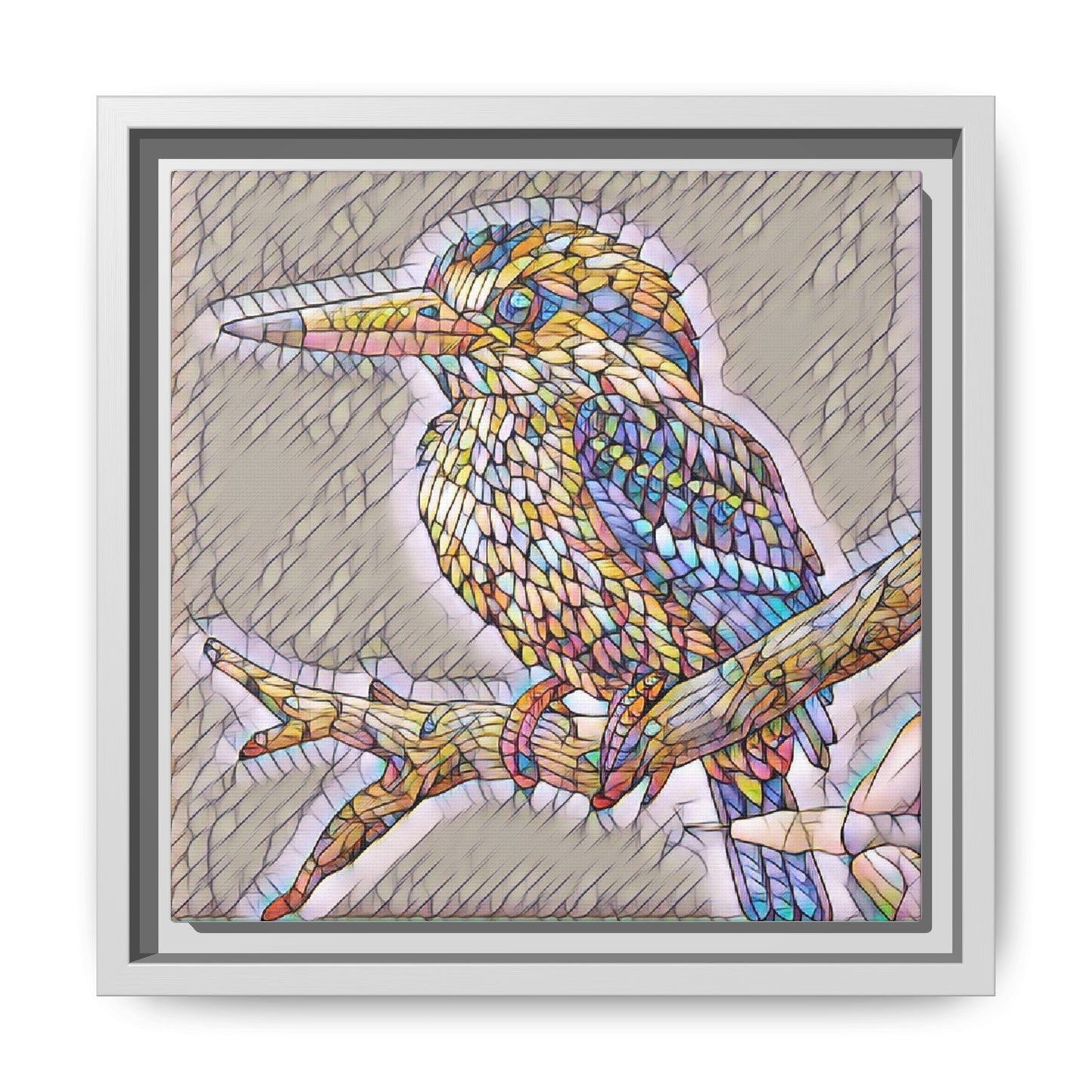 Colorful Kingfisher Framed Canvas Wall Art — Stained-Glass Style Bird Print