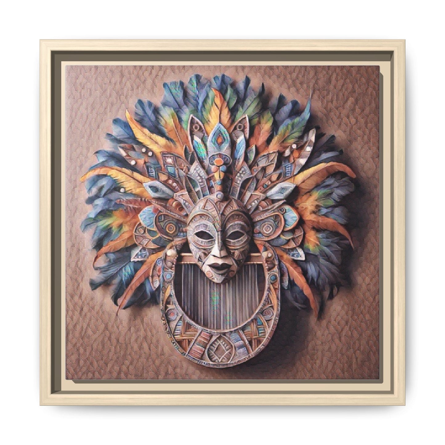 Tribal Feather Mask Framed Canvas Wall Art — Colorful Boho Decorative Print