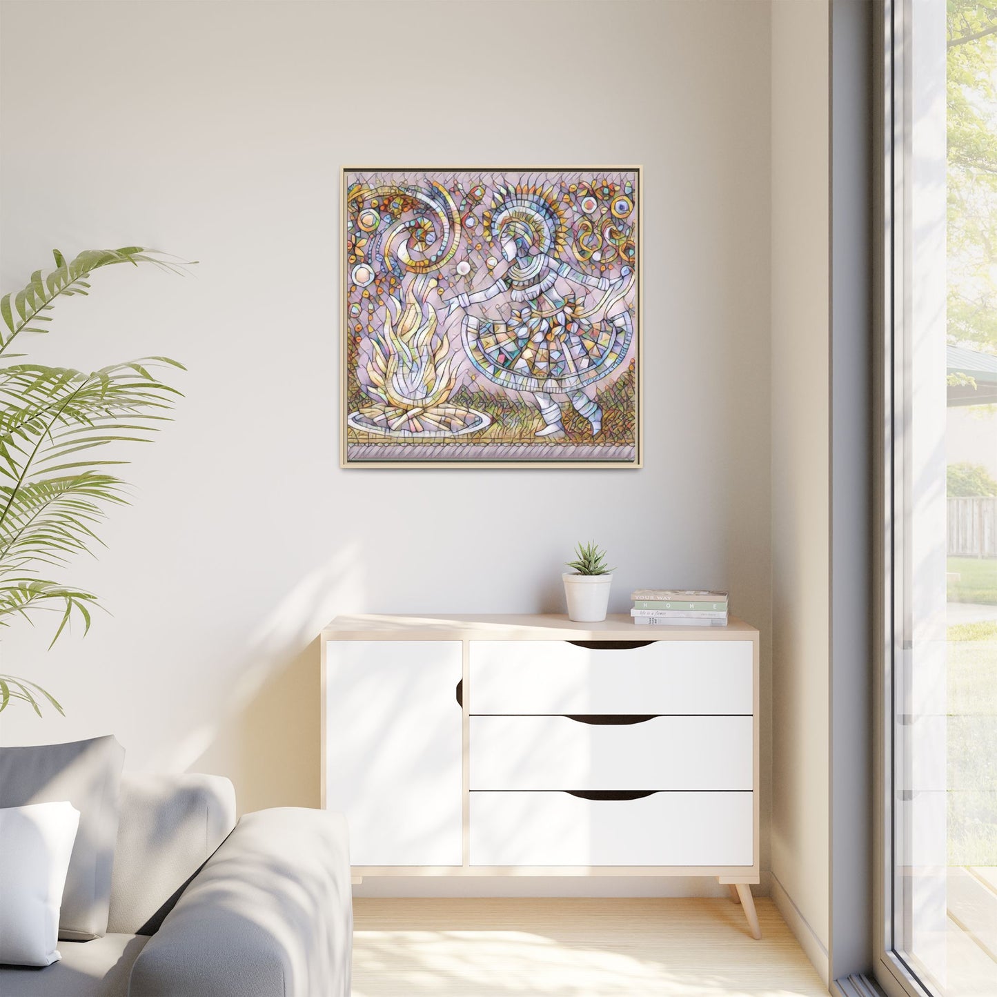 Bohemian Fire Dancer Framed Canvas Art — Colorful Folk Mosaic Wall Decor