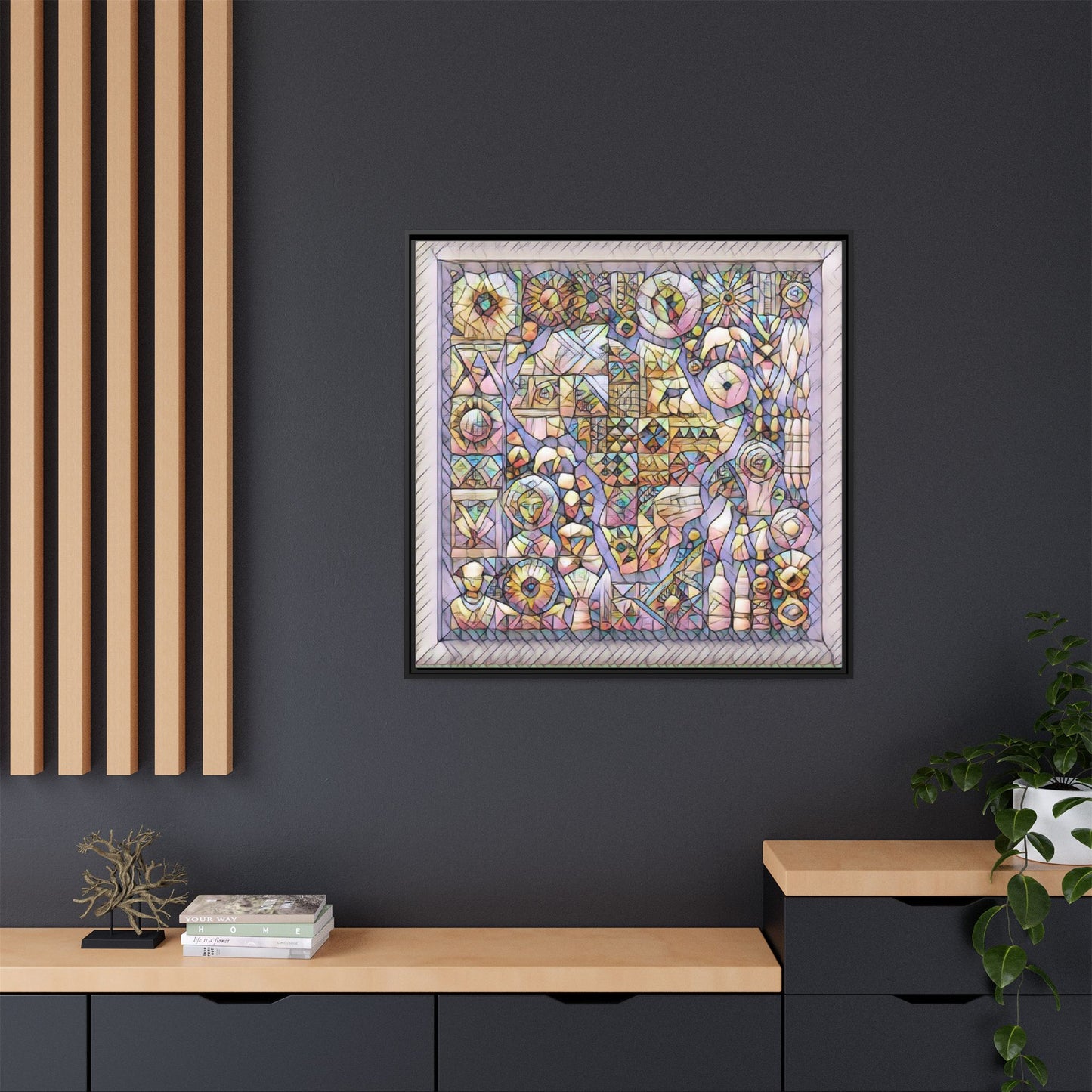 Framed Abstract Mosaic Matte Canvas Art — Pastel Geometric Wall Decor