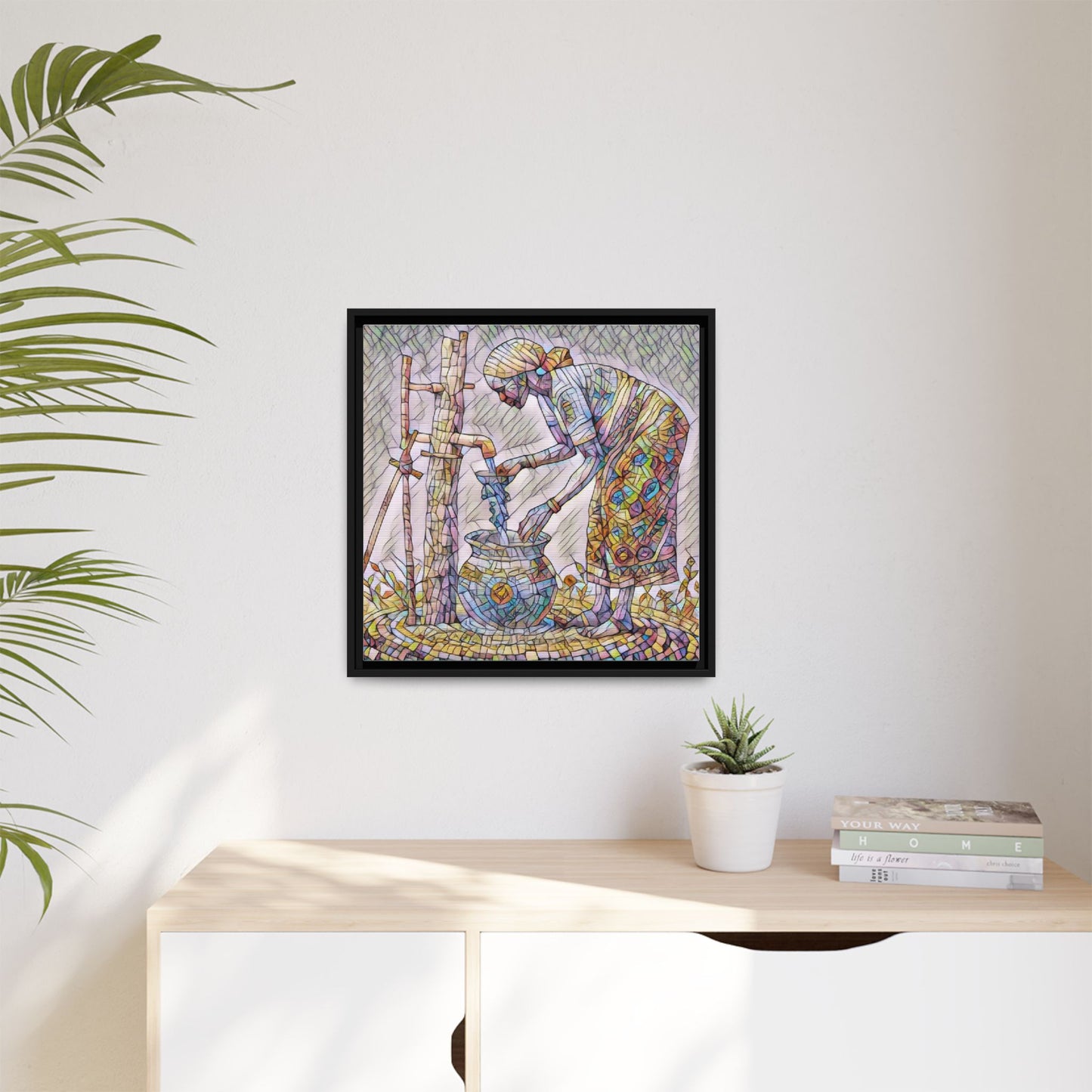 Framed Matte Canvas Art — Colorful Mosaic Woman at Well