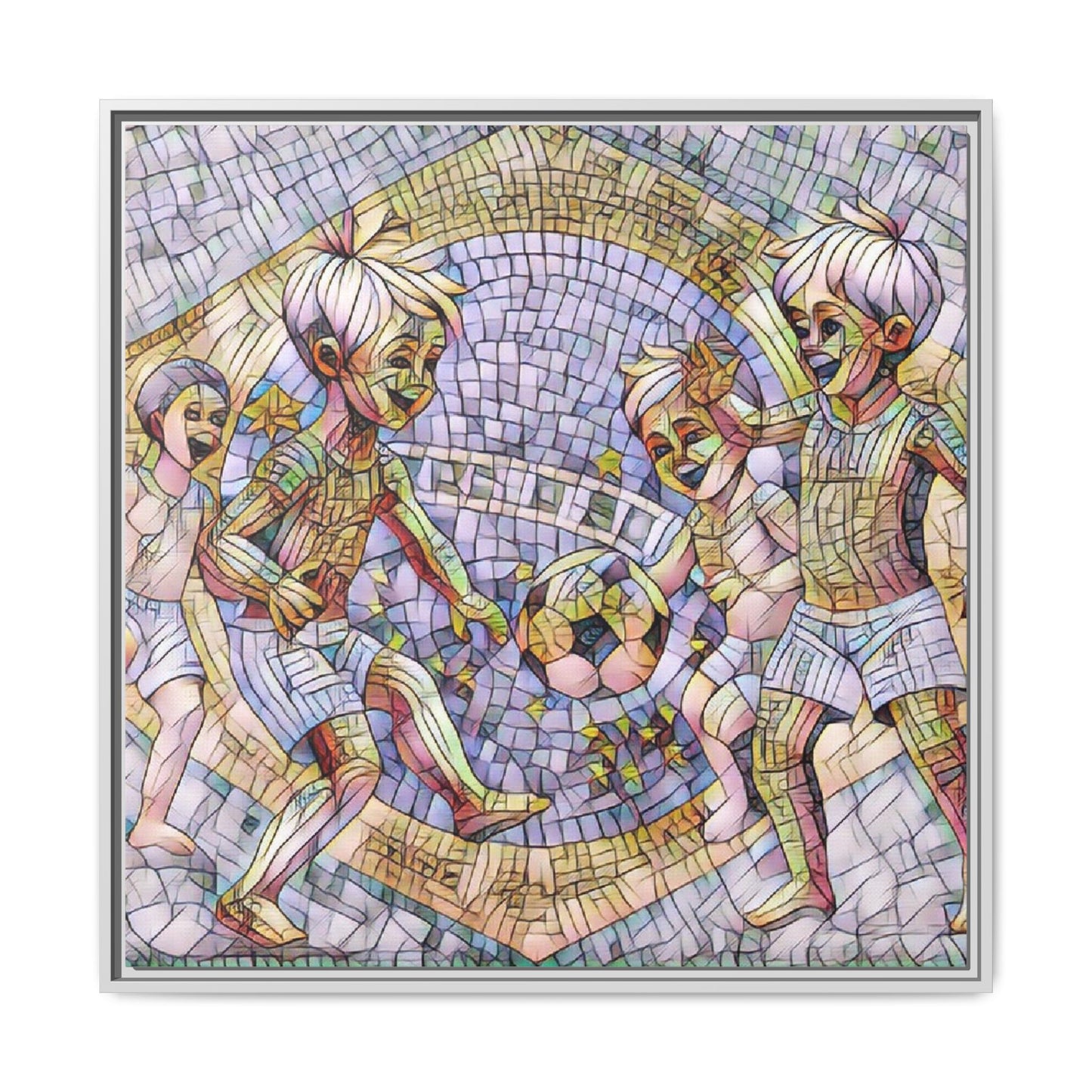 Framed Matte Canvas – Vintage Mosaic Kids Playing Soccer Art