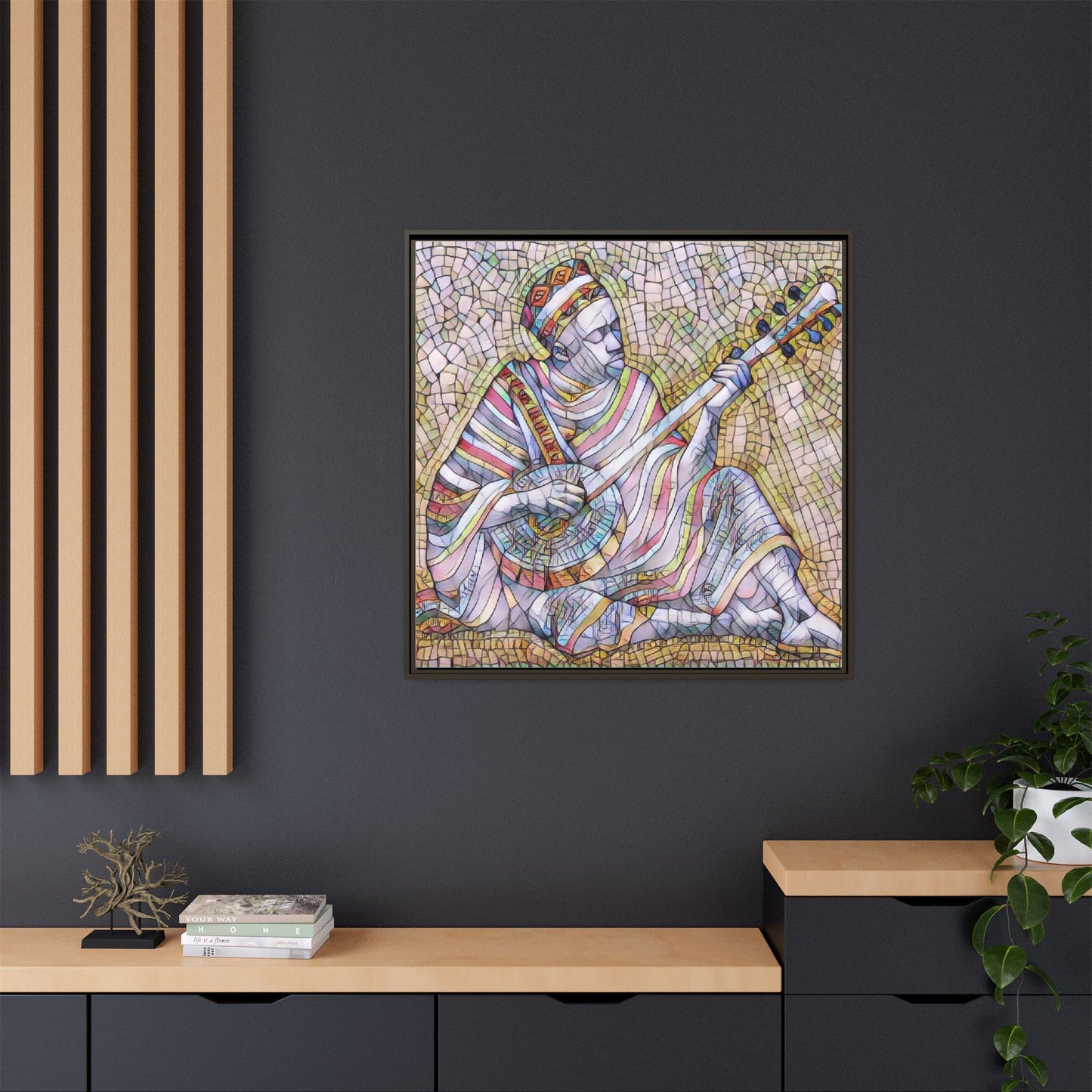 Framed Mosaic Musician Canvas – Colorful Bohemian Wall Art