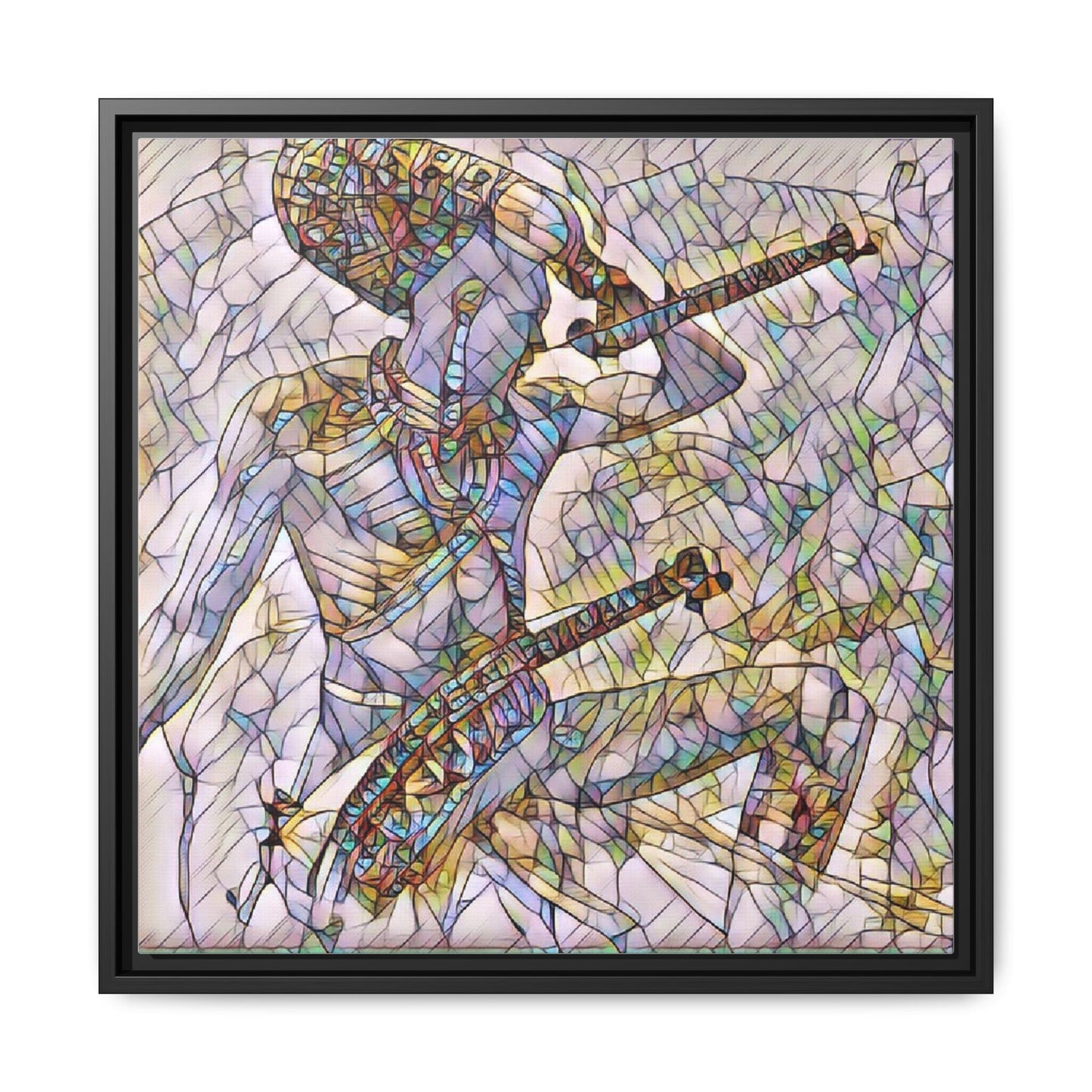 Stained Glass Blue Musician — Framed Matte Canvas Art