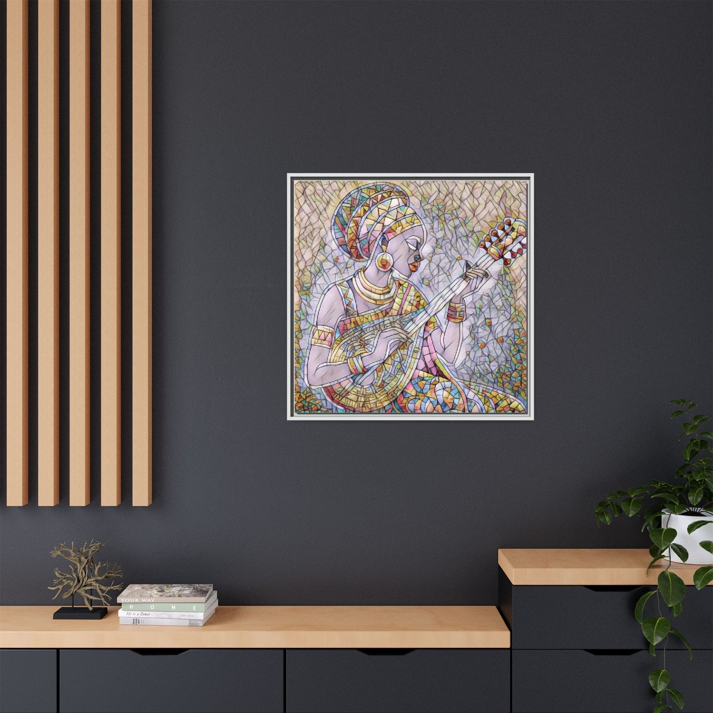 Framed Canvas Art — Colorful African Woman Playing Lute (Matte Multi‑Color)