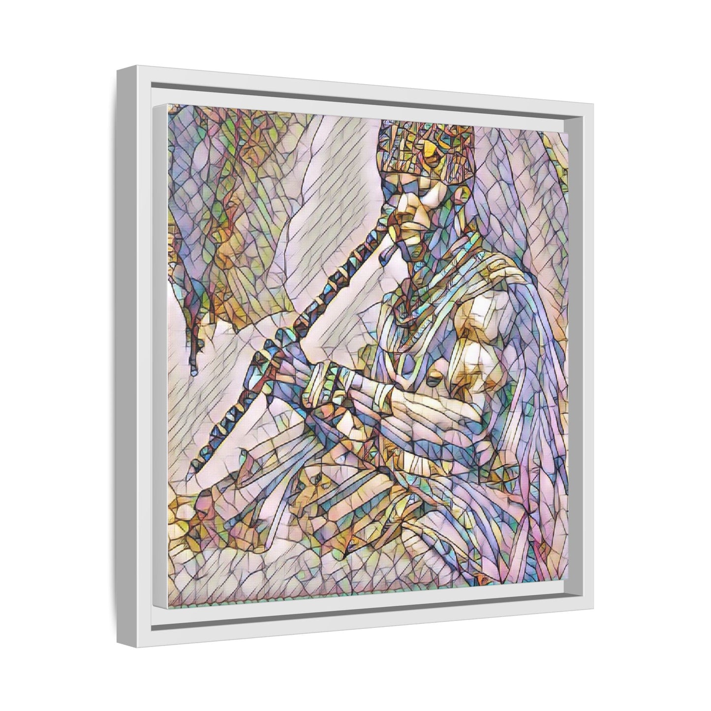 Tribal Flute Musician Stained-Glass Framed Canvas Art