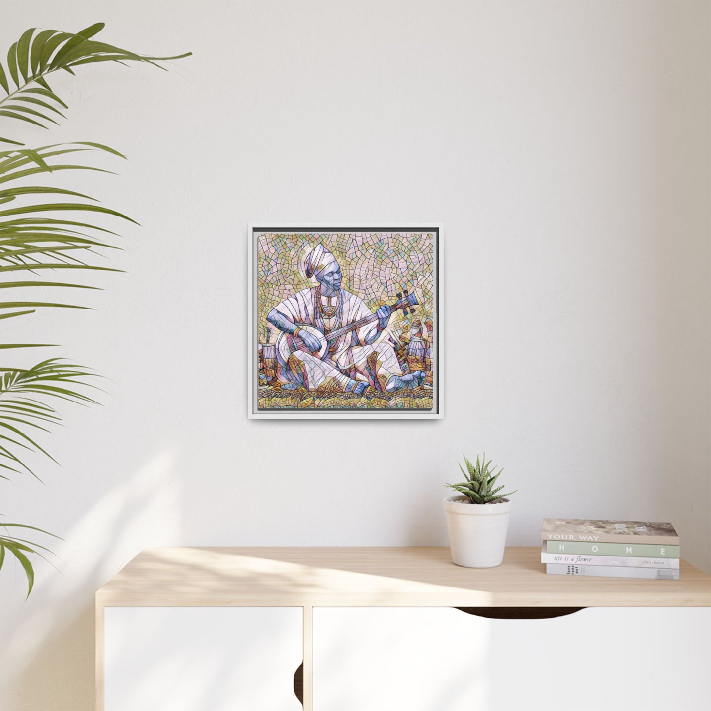 Framed Mosaic Musician Canvas Art — African Griot with Kora