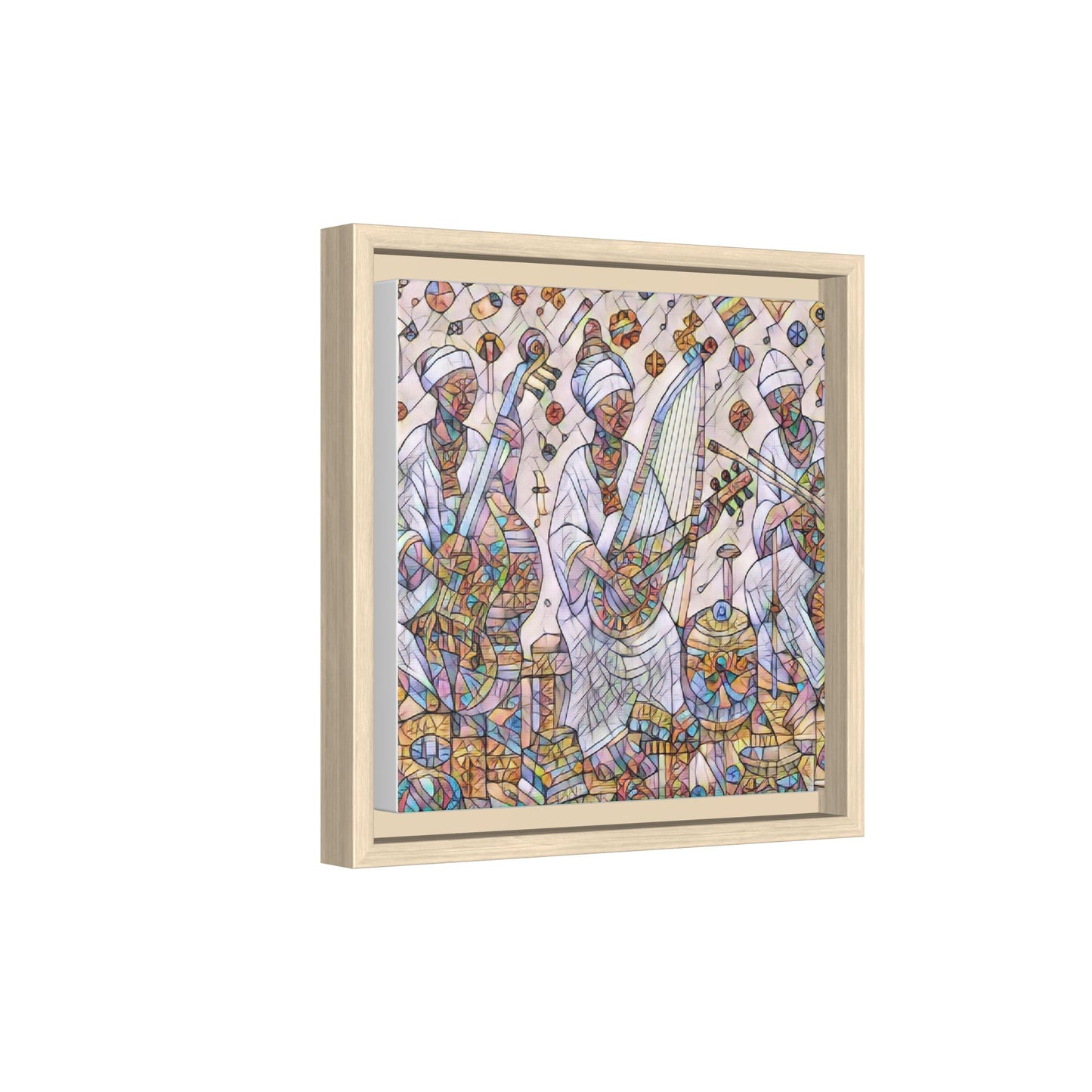 Framed Matte Canvas Print — Colorful African Musicians Stained-Glass Art