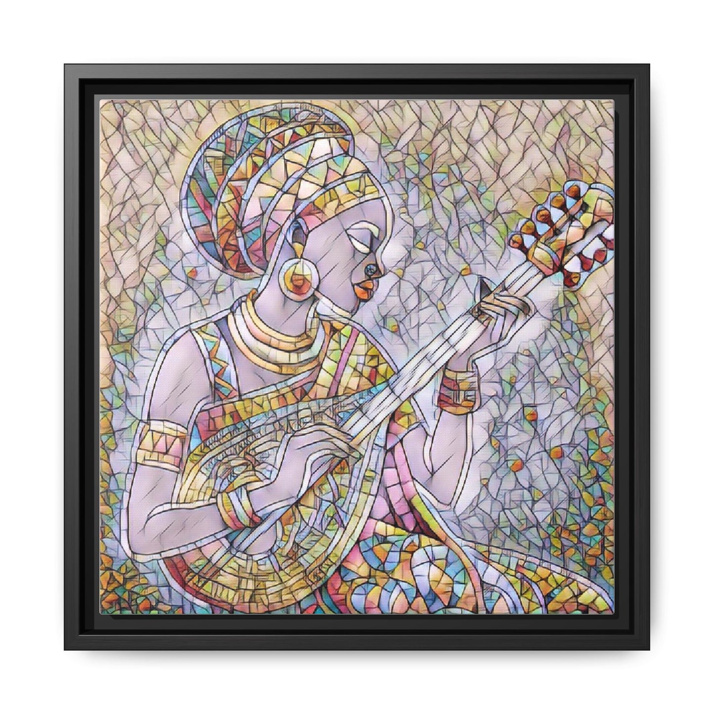 Framed Canvas Art — Colorful African Woman Playing Lute (Matte Multi‑Color)