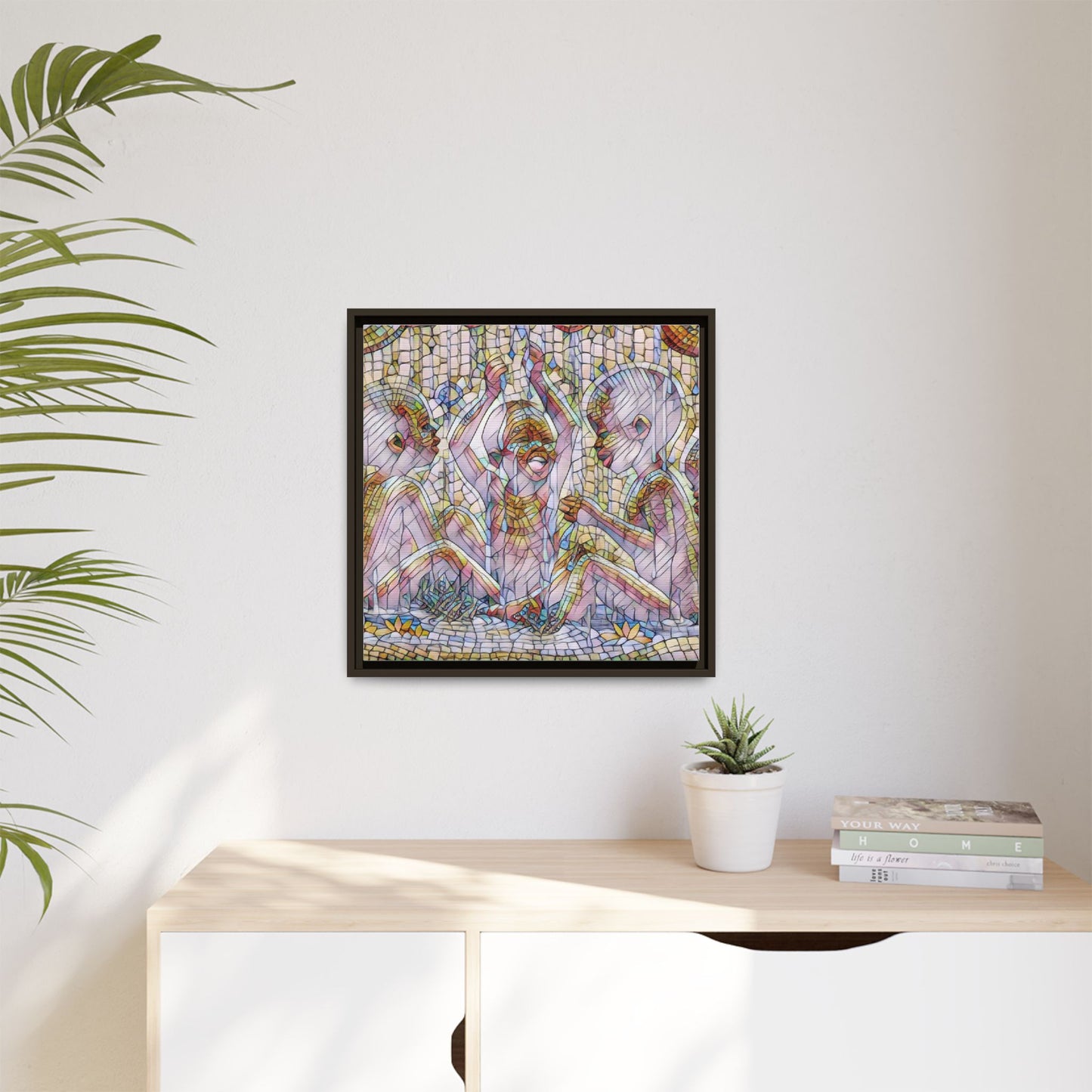 Framed Matte Canvas Art — Mosaic Children Playing (Multicolor)