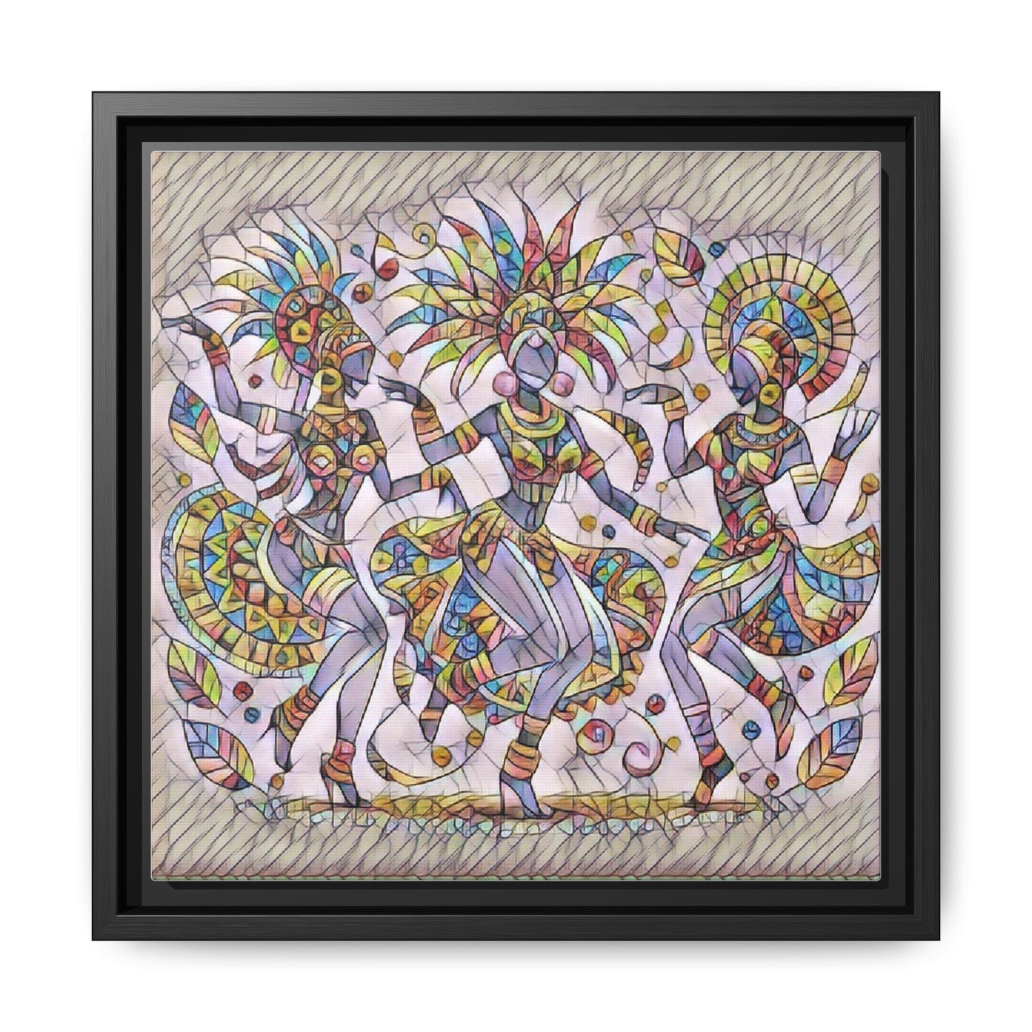 Colorful Carnival Dancers Framed Canvas Art — Multicolor Tribal Celebration Print