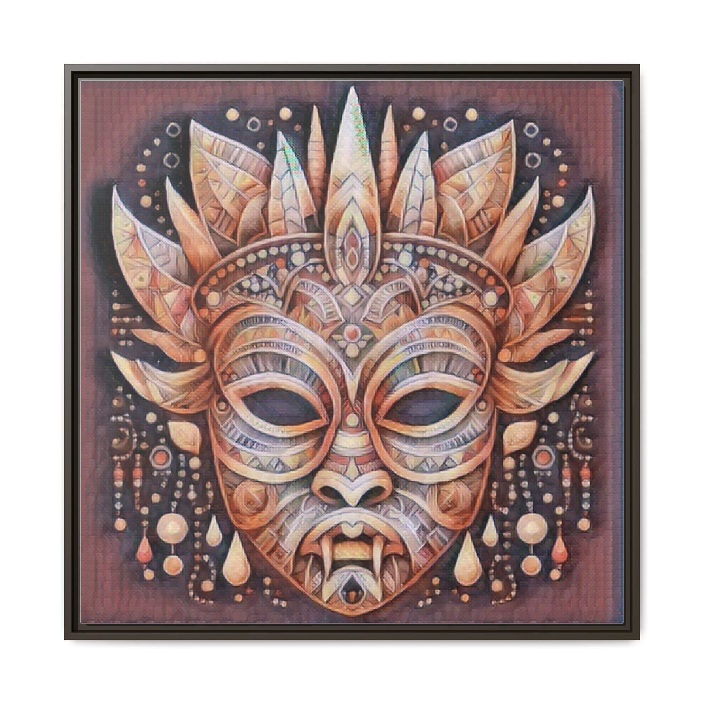 Tribal Sun Mask Framed Canvas Art — Boho Ethnic Wall Decor