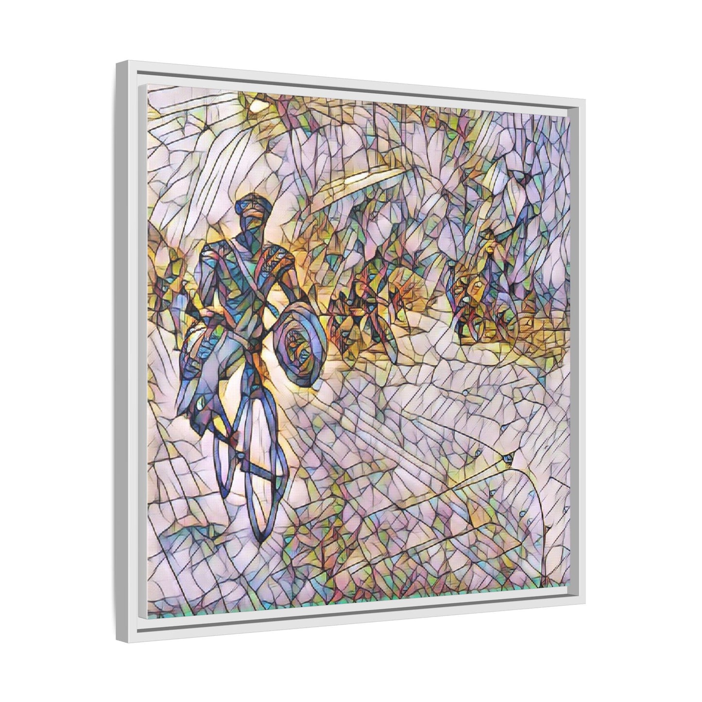 Cyclist Mosaic Matte Canvas Framed Wall Art — Colorful Biking Scene