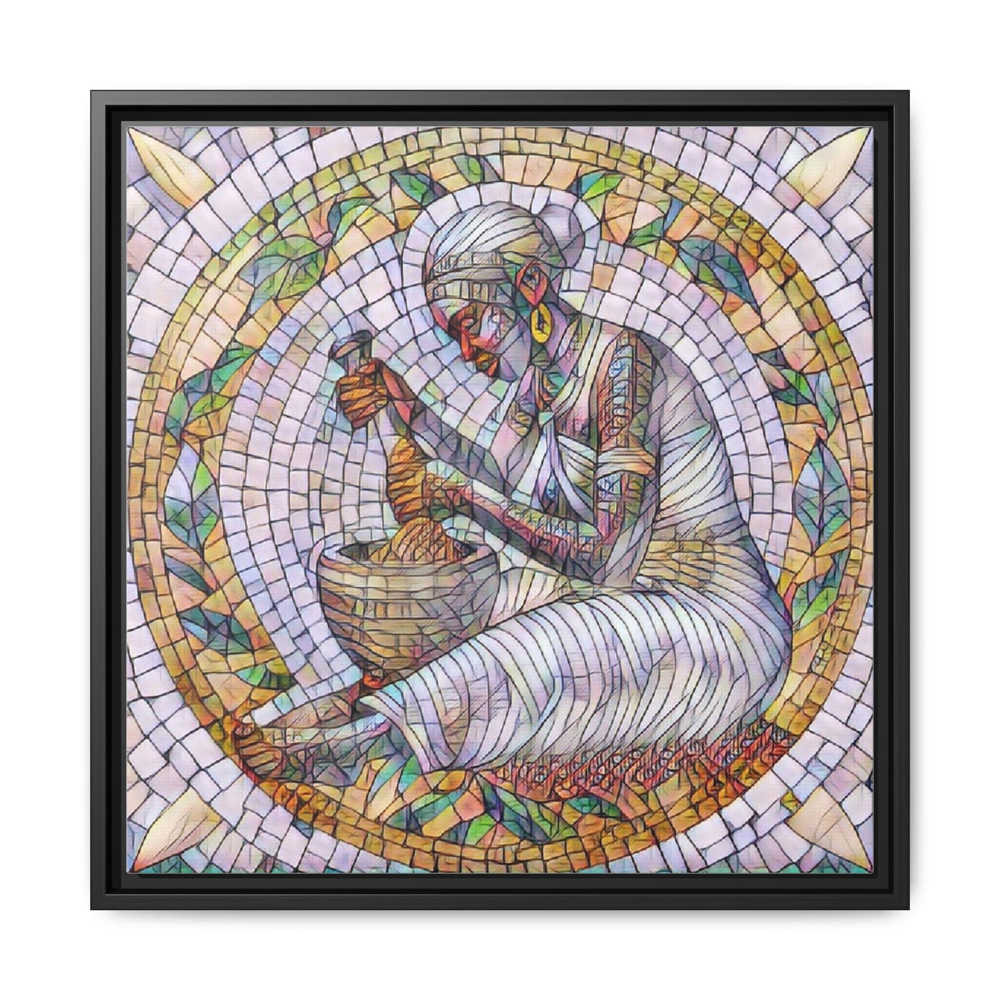 Framed Mosaic Art Print — Woman Grinding Grain (Matte Canvas)