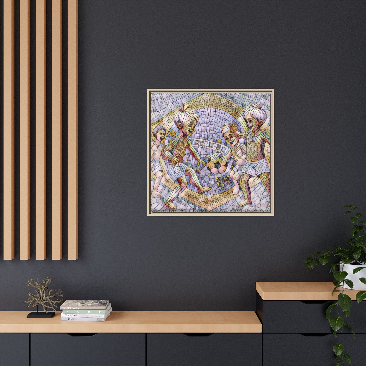 Framed Matte Canvas – Vintage Mosaic Kids Playing Soccer Art