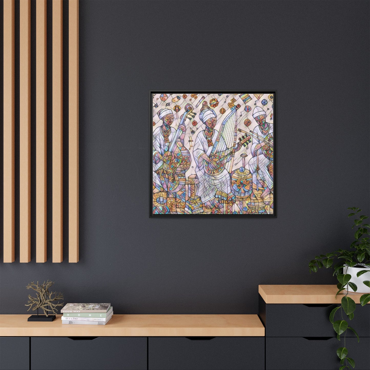 Framed Matte Canvas Print — Colorful African Musicians Stained-Glass Art