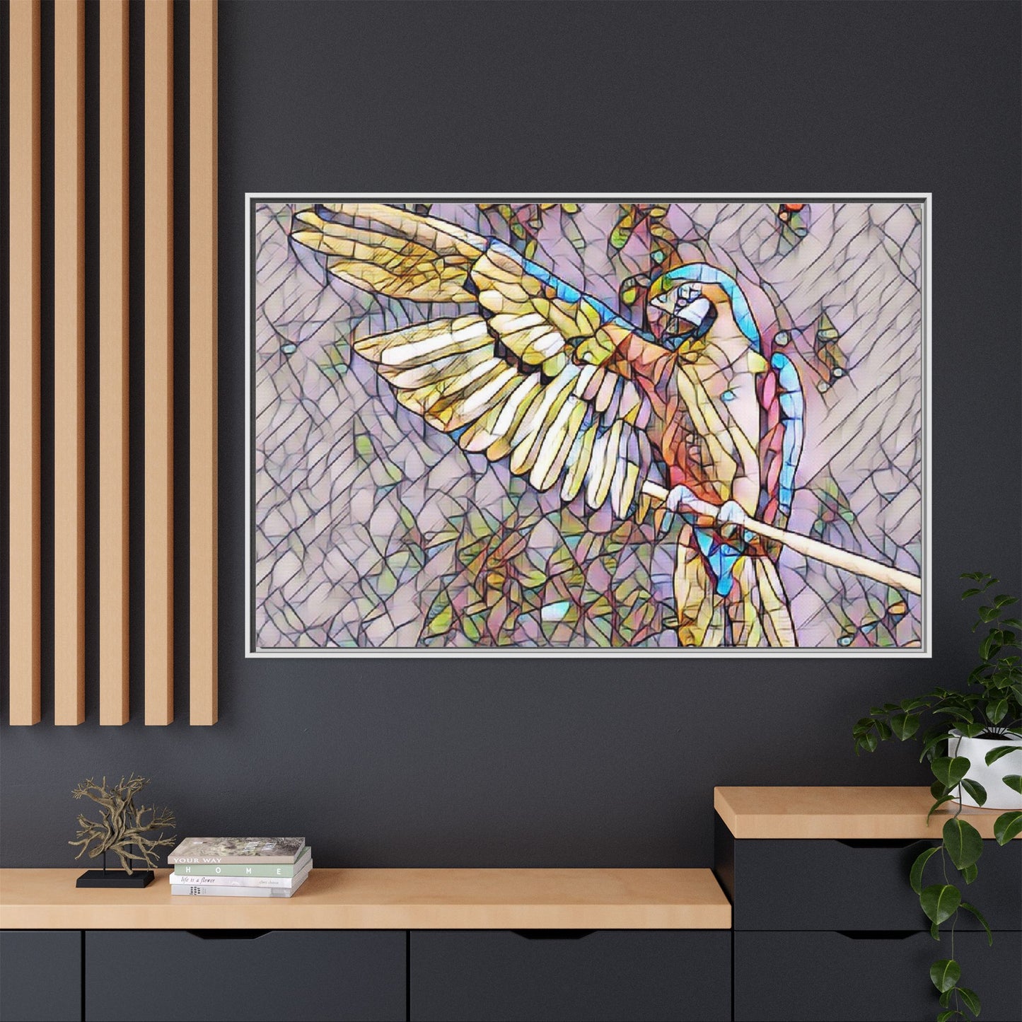 Framed Parrot Stained-Glass Art Print — Matte Canvas Wall Decor
