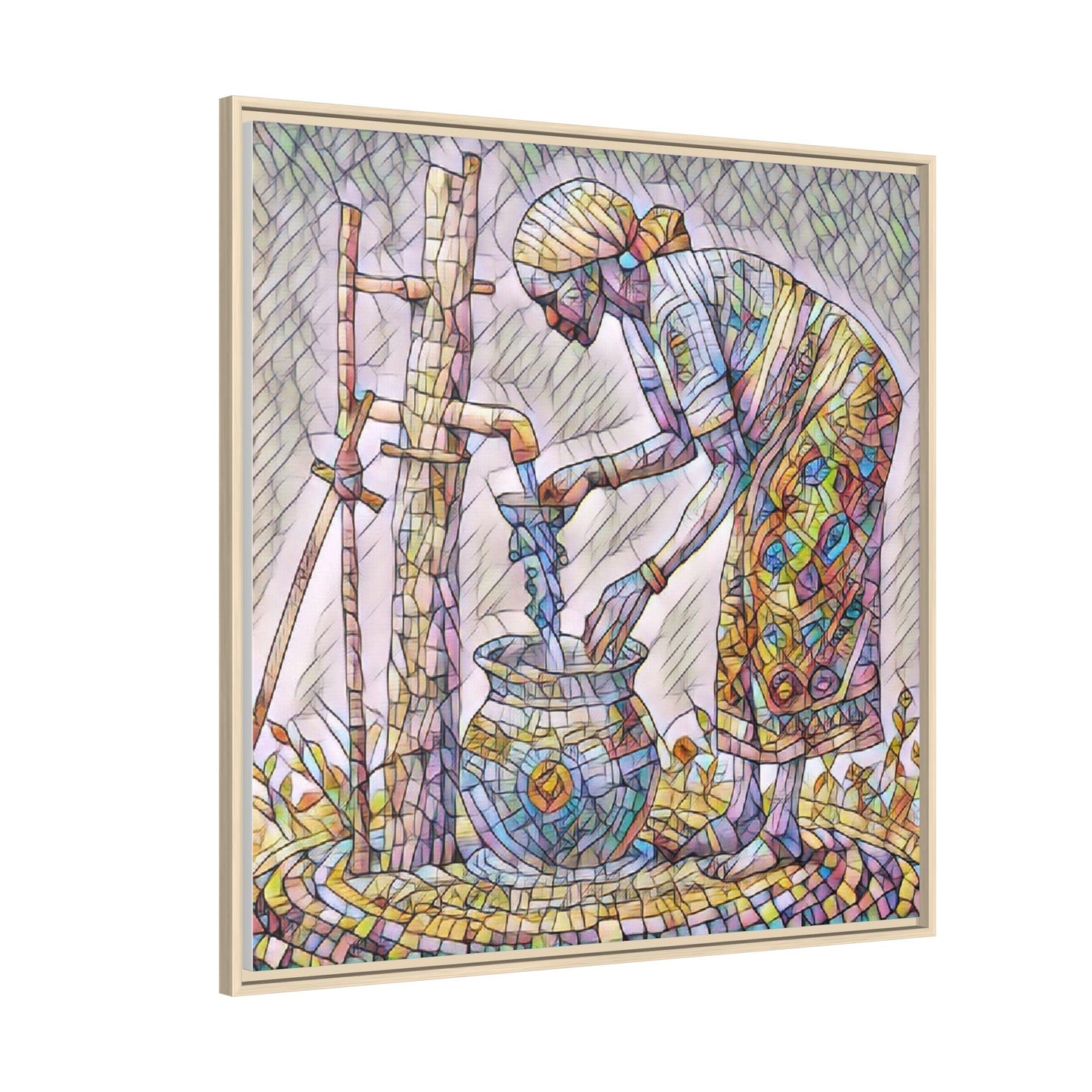 Framed Matte Canvas Art — Colorful Mosaic Woman at Well