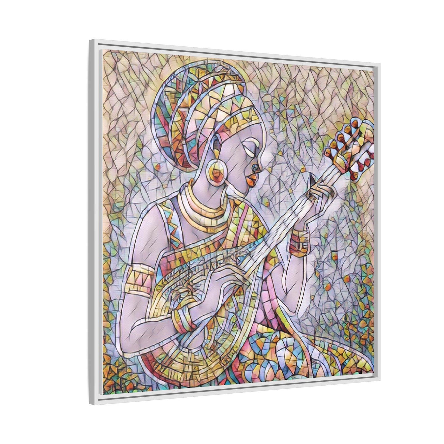 Framed Canvas Art — Colorful African Woman Playing Lute (Matte Multi‑Color)