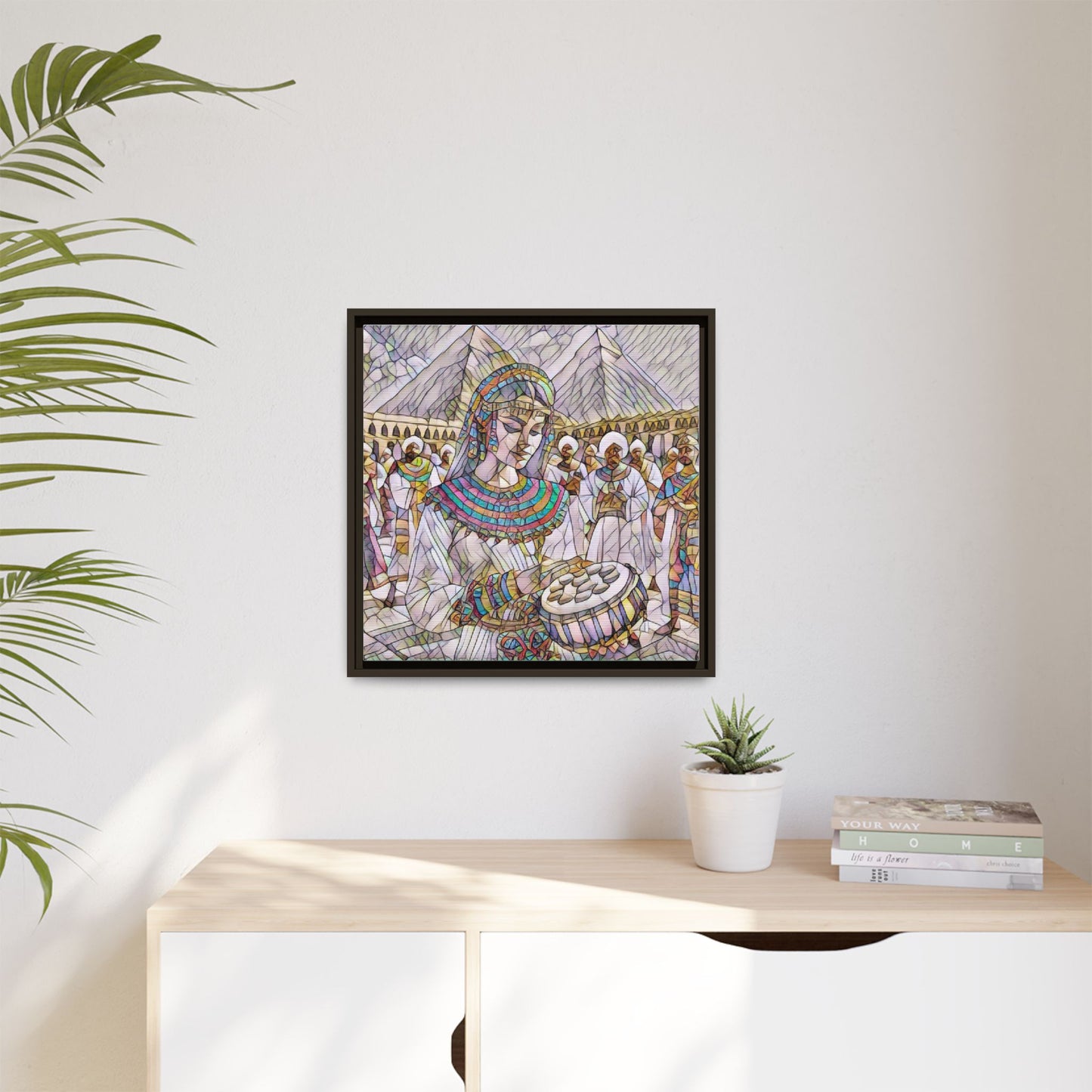 Egyptian Drum Player Framed Canvas Art — Colorful Ancient Scene Wall Decor
