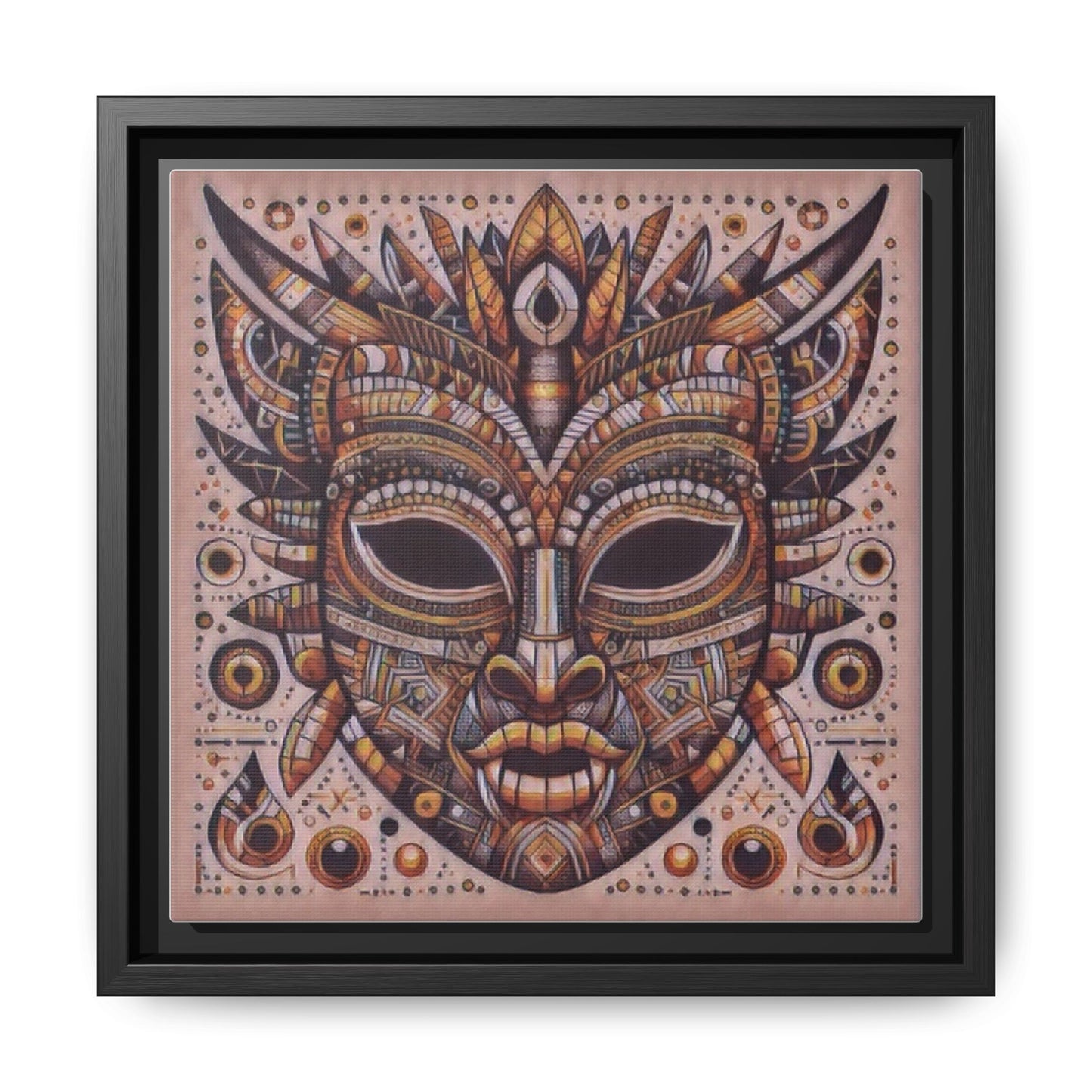Tribal Mask Framed Canvas Art — Multicolor Matte Wall Decor