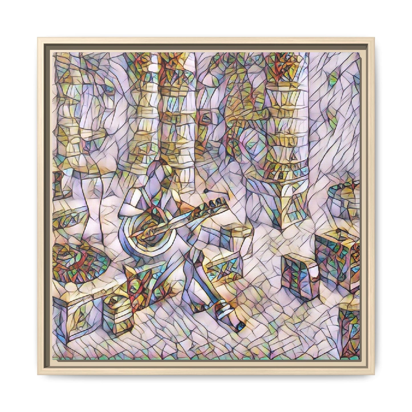 Framed Matte Canvas Art - Abstract Guitarist in Colorful Mosaic
