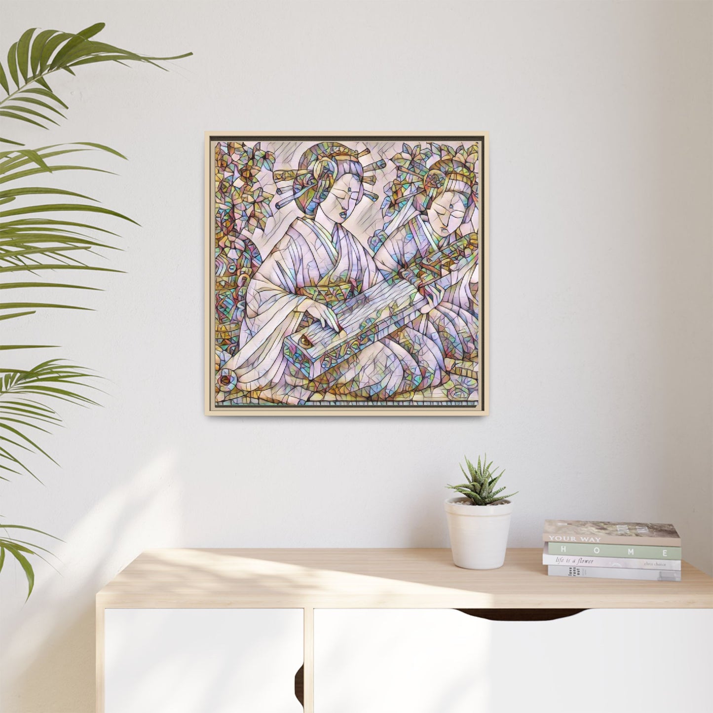 Framed Matte Canvas Print — Stained-Glass Geisha Duo