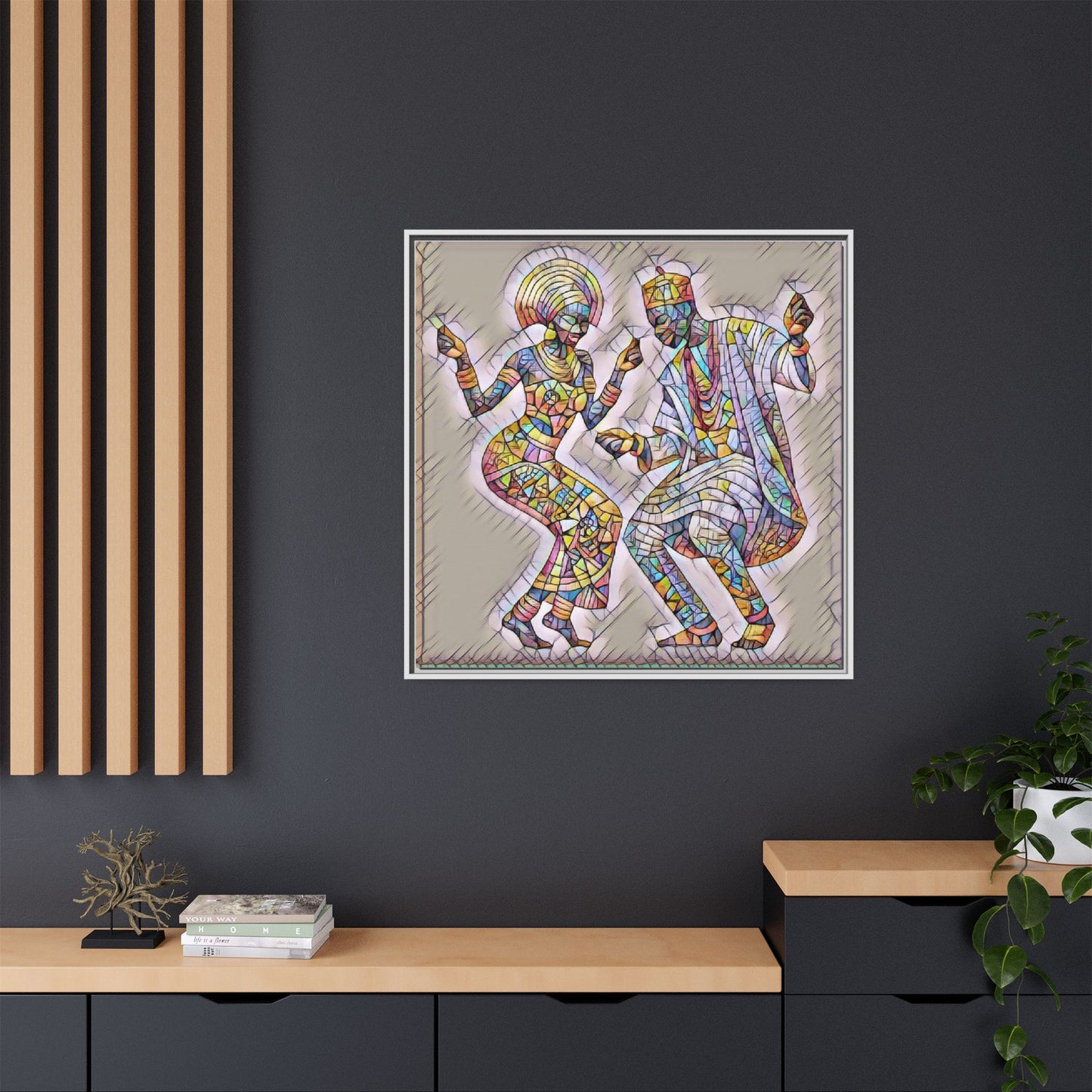 Afrobeat Dancers Framed Canvas Art — Colorful Mosaic African Dance Print