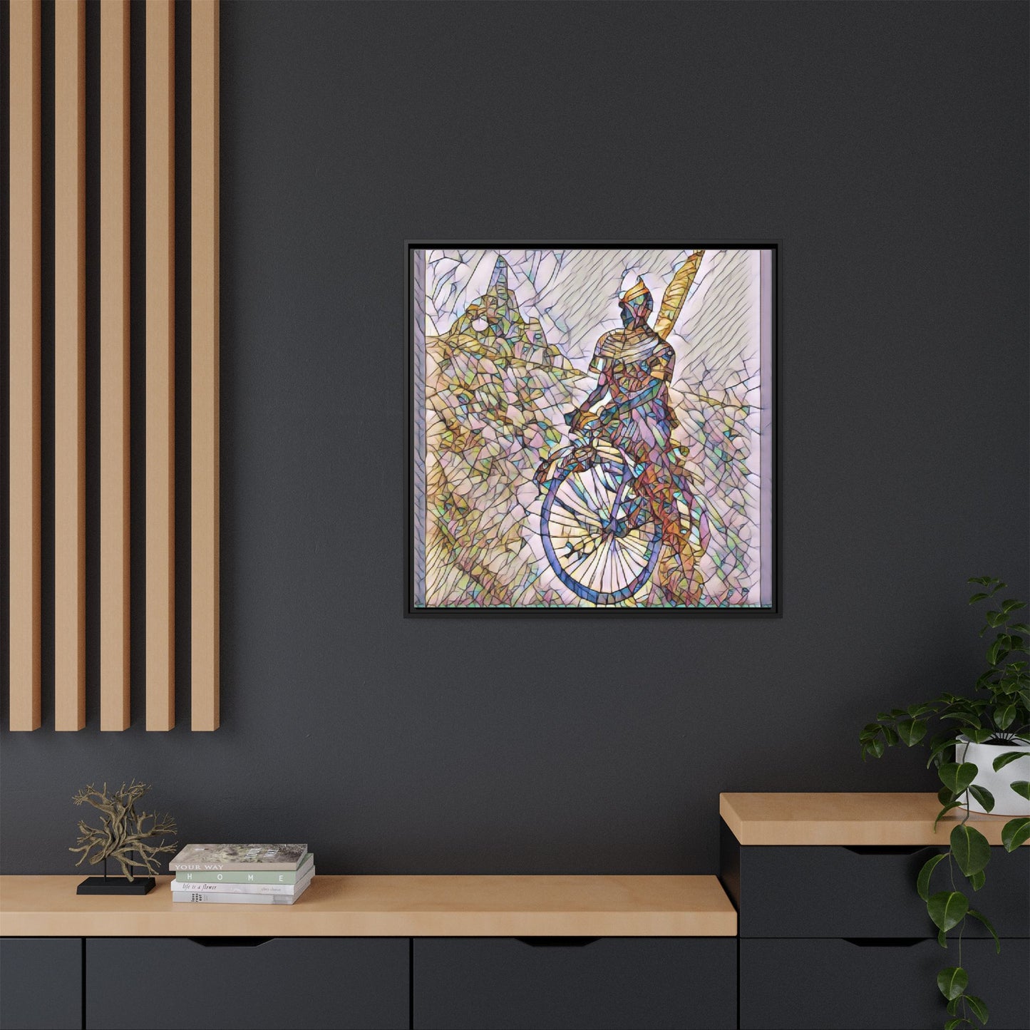 Cyclist Stained Glass Art Print — Framed Matte Canvas