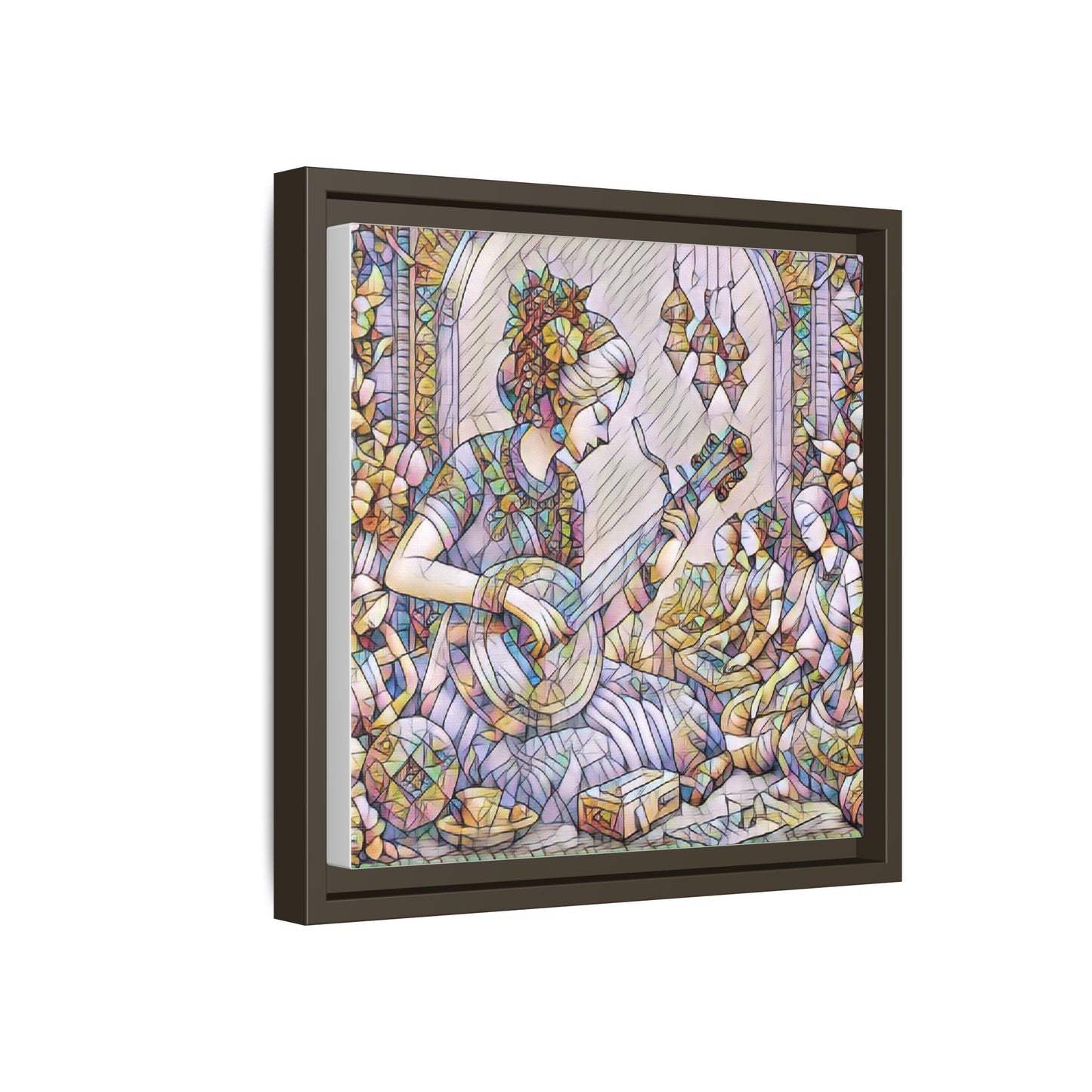 Framed Matte Canvas: Bohemian Woman Playing Lute — Stained-Glass Style Wall Art