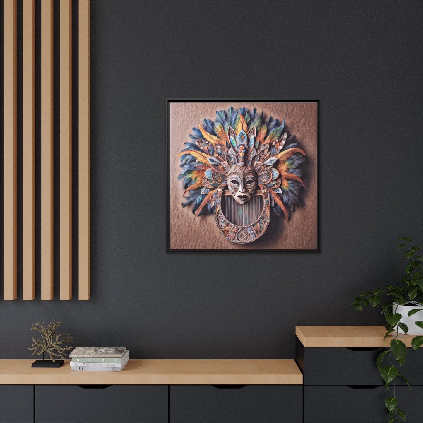 Tribal Feather Mask Framed Canvas Wall Art — Colorful Boho Decorative Print