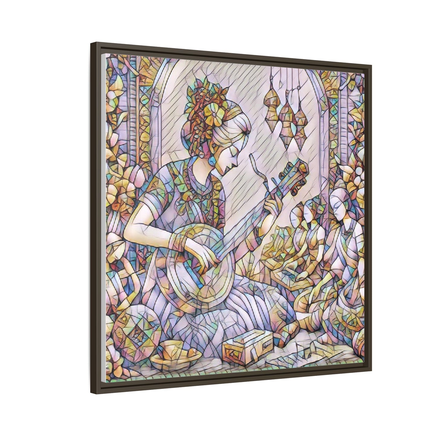 Framed Matte Canvas: Bohemian Woman Playing Lute — Stained-Glass Style Wall Art
