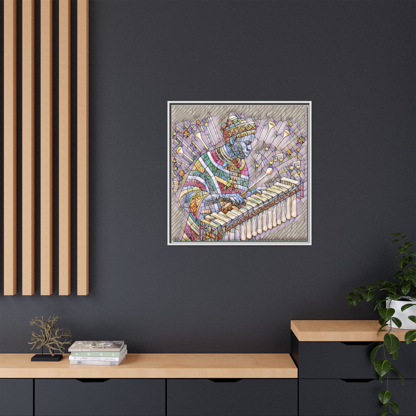 Colorful Marimba Musician Matte Framed Canvas — Vibrant African Instrument Wall Art