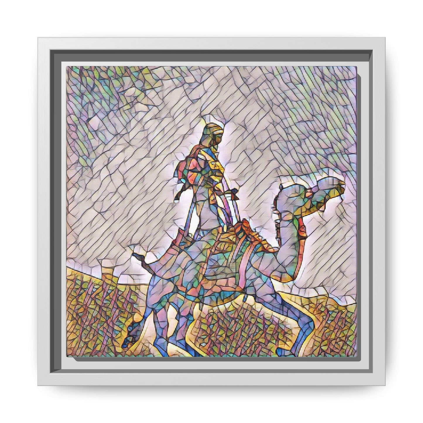 Framed Camel Rider Matte Canvas Art — Colorful Mosaic Desert Wall Decor