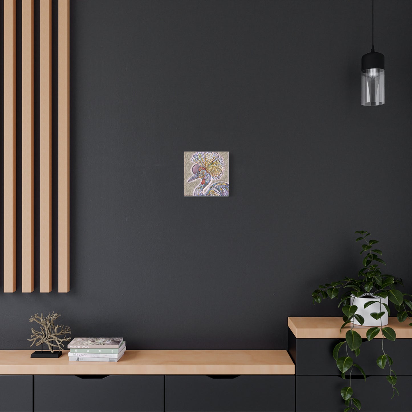 Colorful Mosaic Crowned Crane Canvas Wall Art — Stretched Matte Print