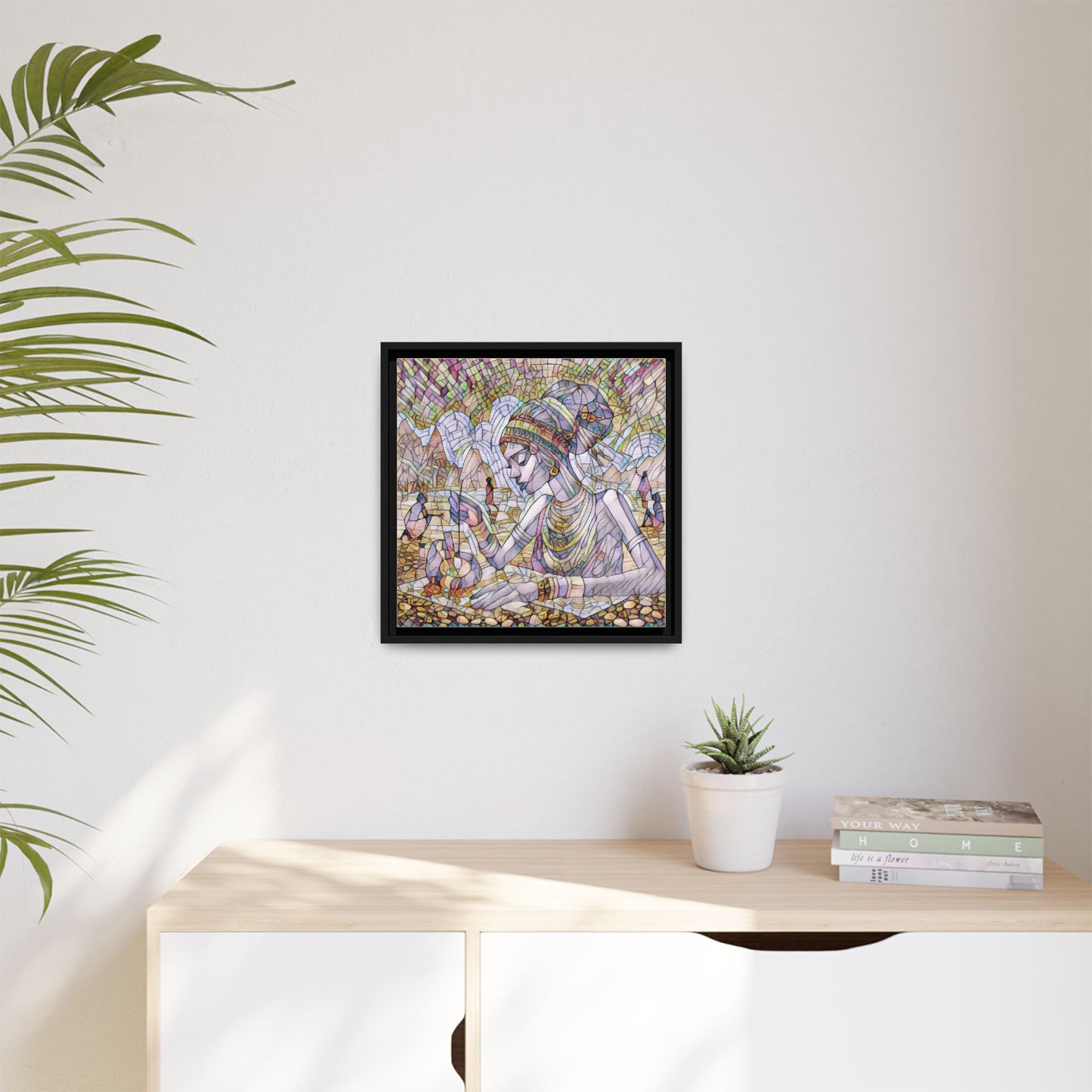 Framed Matte Canvas Art — Mosaic-Inspired Egyptian Woman Illustration